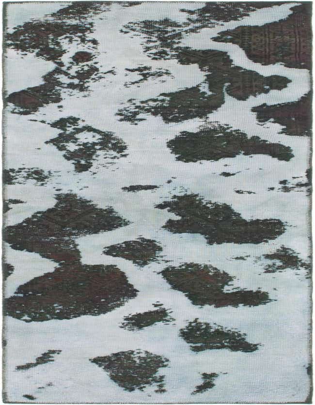 A light blue 8 ft runner rug with an abstract, distressed dark blue and brown pattern, ideal for a hallway or kitchen.