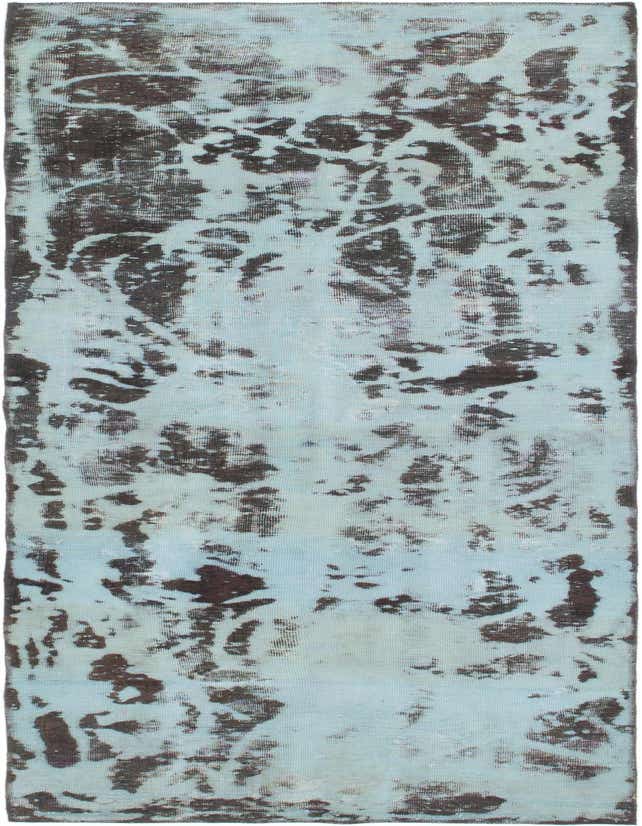 A light blue and dark brown abstract runner rug with a distressed vintage look, perfect for a hallway.