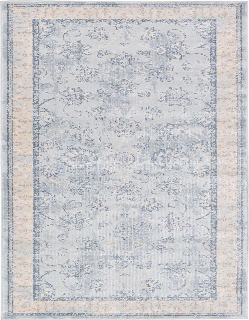 A 6 ft runner rug with a light blue distressed traditional botanical pattern and a beige border, suitable for a hallway.