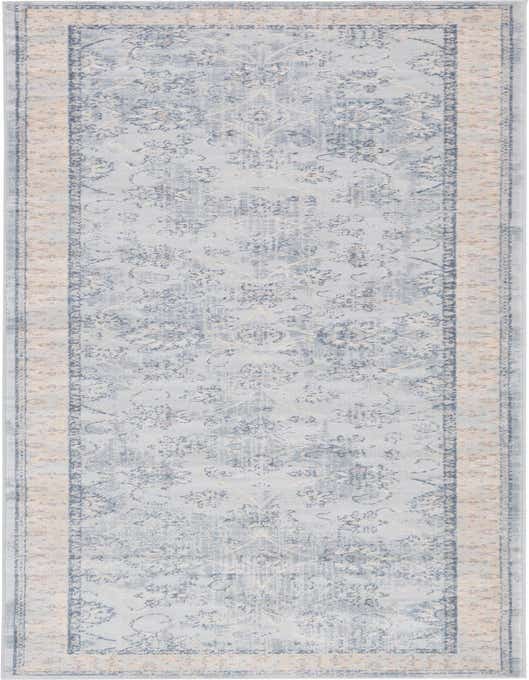 A 10 ft runner rug featuring a faded light blue and cream traditional botanical pattern, perfect for a hallway.