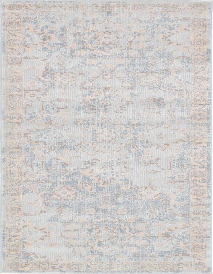 A 6 ft runner rug in light blue with a distressed bohemian floral and medallion pattern and a light beige border.