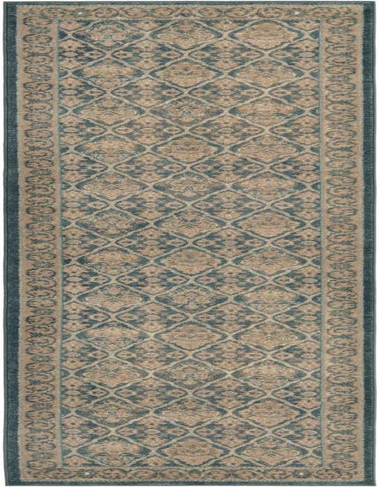A 10 ft runner rug in shades of blue and beige, featuring a traditional botanical pattern with a decorative border, ideal for a hallway.