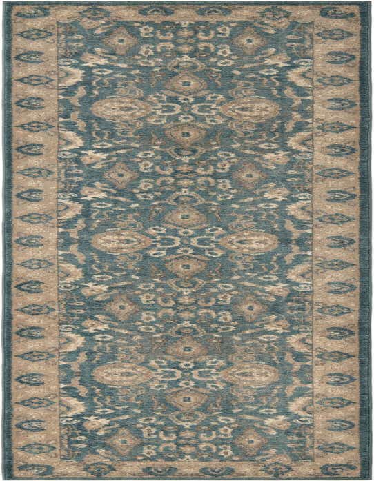 A 10 ft runner rug in shades of blue and beige, featuring a traditional floral and medallion pattern with a decorative border, perfect for a hallway.