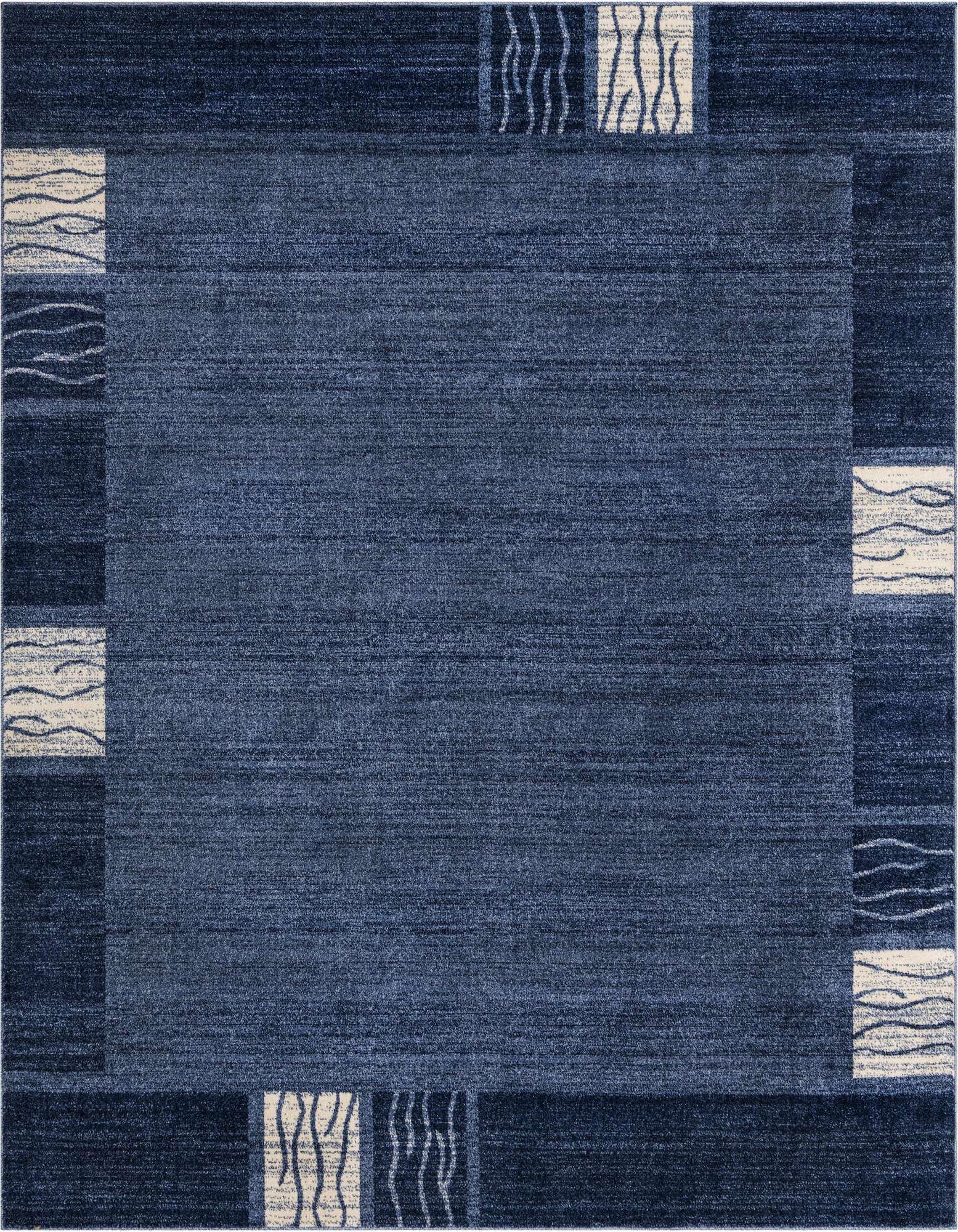 A 7' 10 x 7' 10 square blue Angelica rug with a contemporary coastal pattern, featuring a solid blue center and a border with wavy light blue and cream accents.