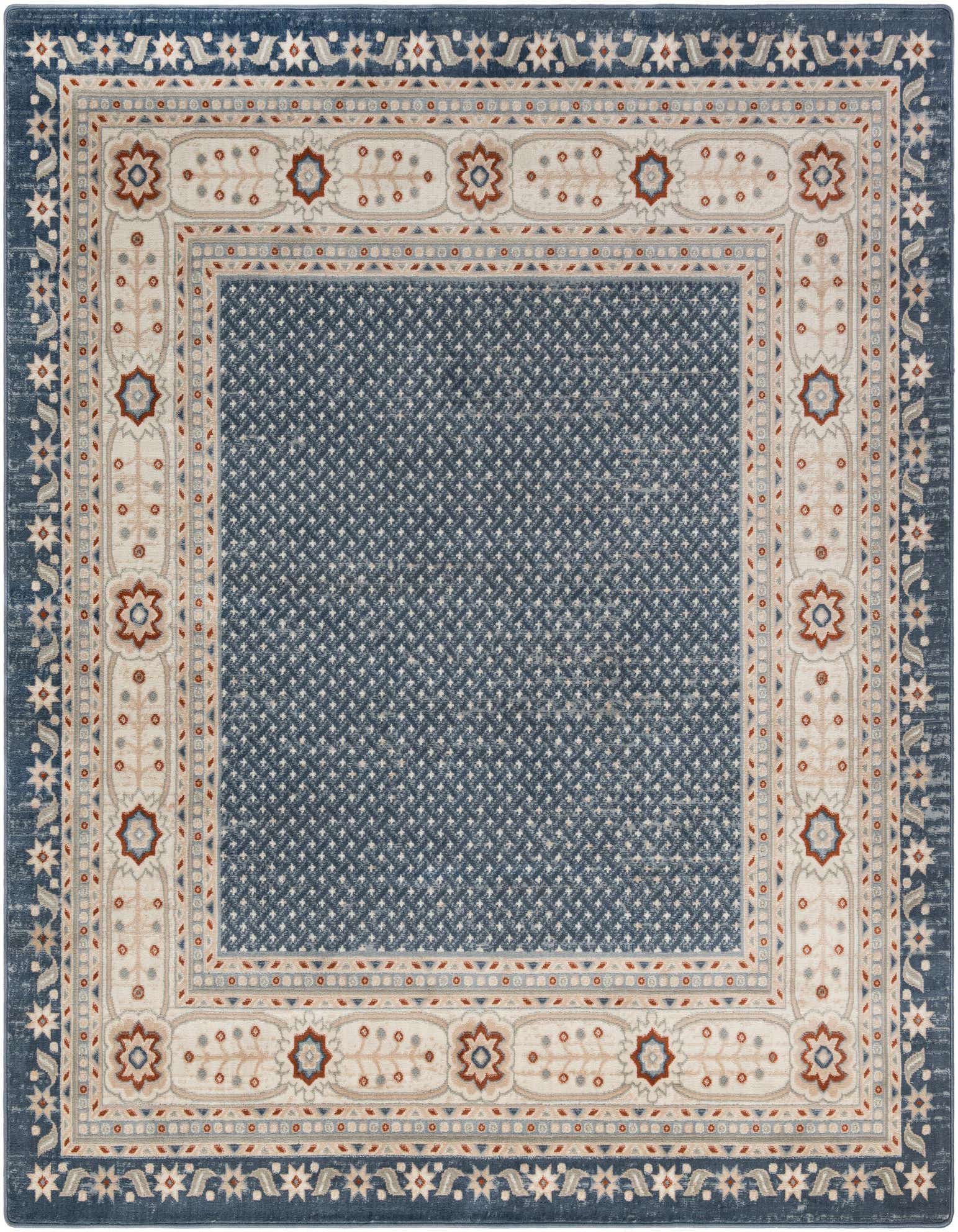 A 7' 10 x 7' 10 square Charlotte rug with a modern blue and beige pattern, featuring a detailed border.