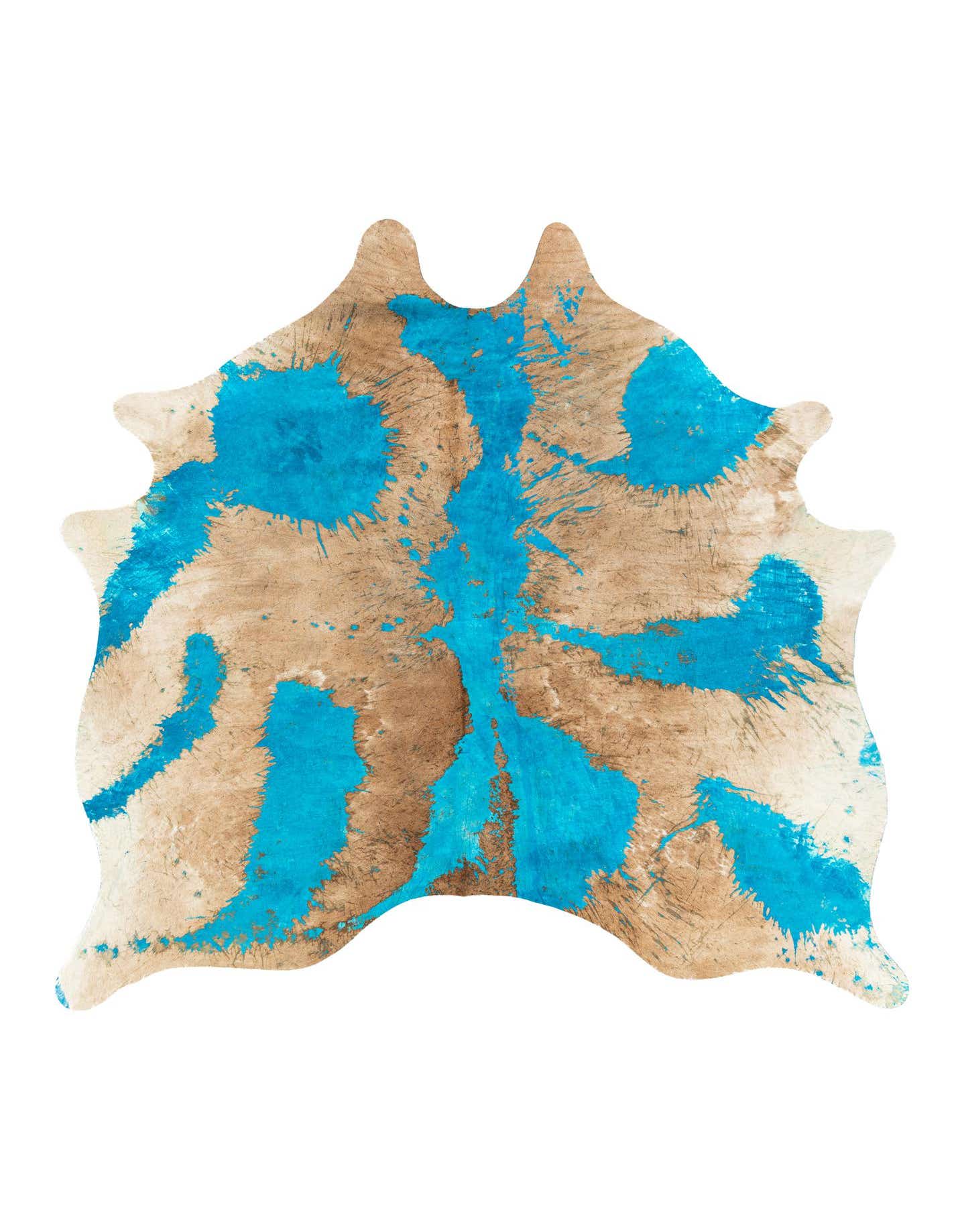 A unique 6' 7 x 6' 9 square cowhide rug with a natural brown and white base splattered with vibrant blue paint, showcasing a modern artistic design.