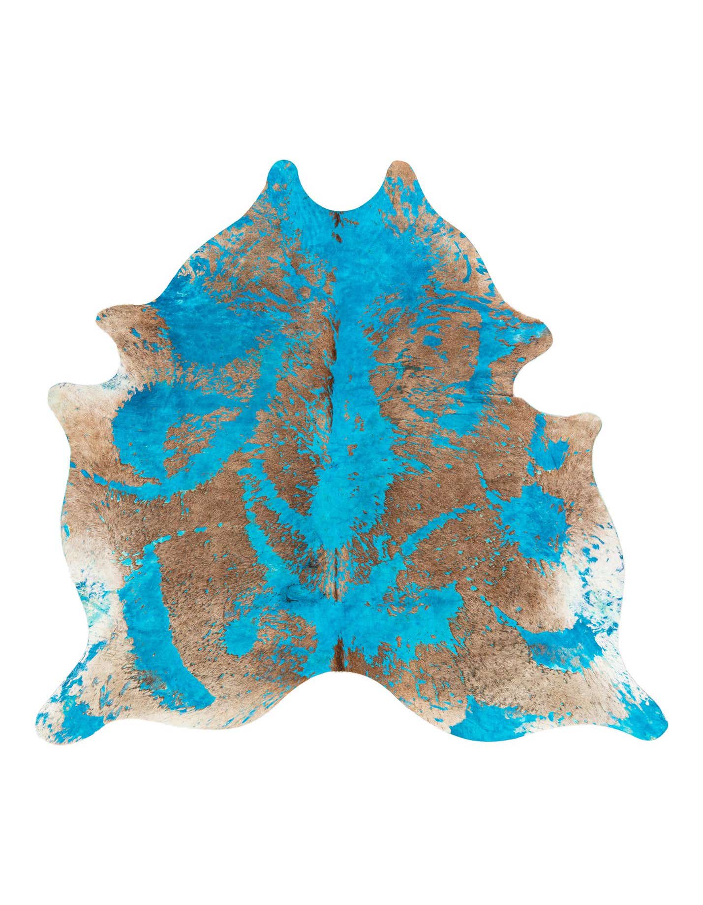 A unique 6' 7 x 6' 11 square cowhide rug with natural brown and white tones splattered with vibrant blue paint, showcasing a modern, artistic design.