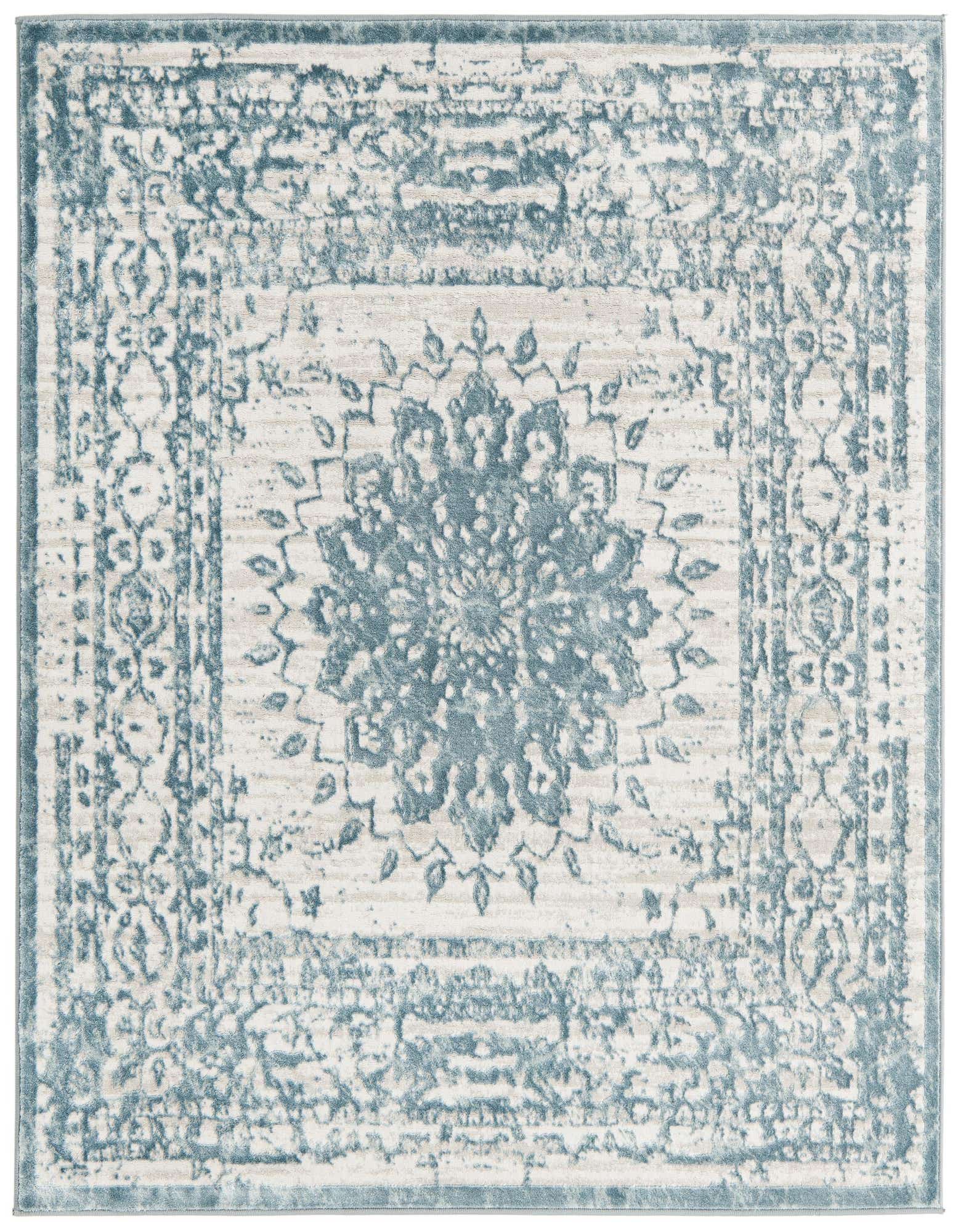 A 5'3" x 5'3" square Rugs.com Derbyshire rug featuring a distressed blue traditional medallion pattern on a cream background.