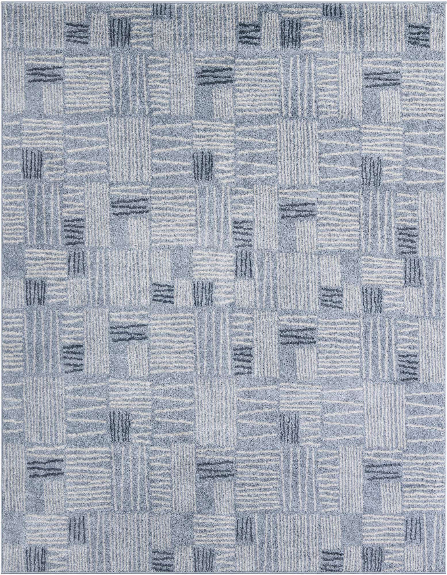 A light blue square area rug with a modern abstract pattern of white and dark blue horizontal and vertical dashes.