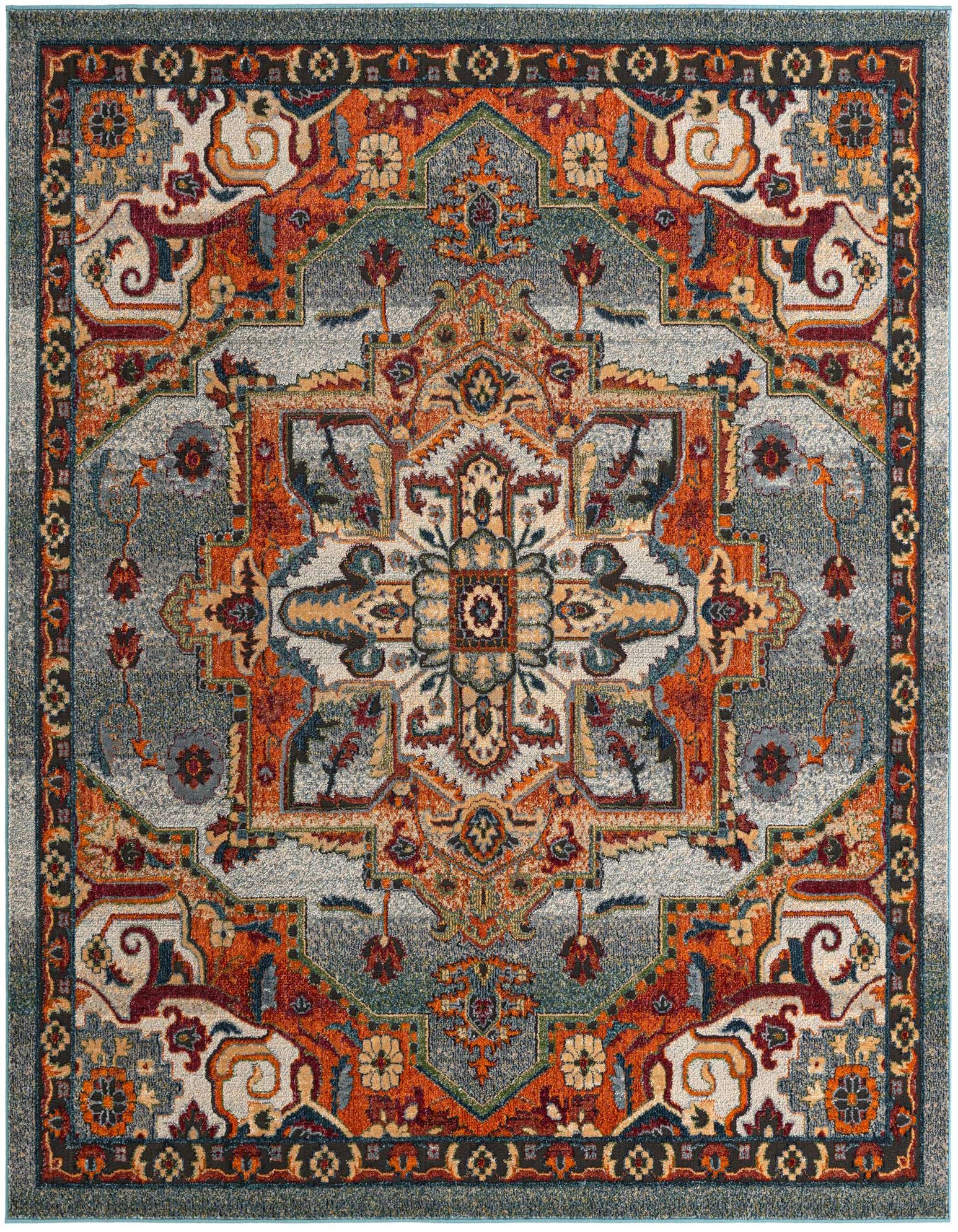 A square 8'x8' Isabella Collection rug with a vibrant traditional medallion pattern in blues, oranges, and reds.