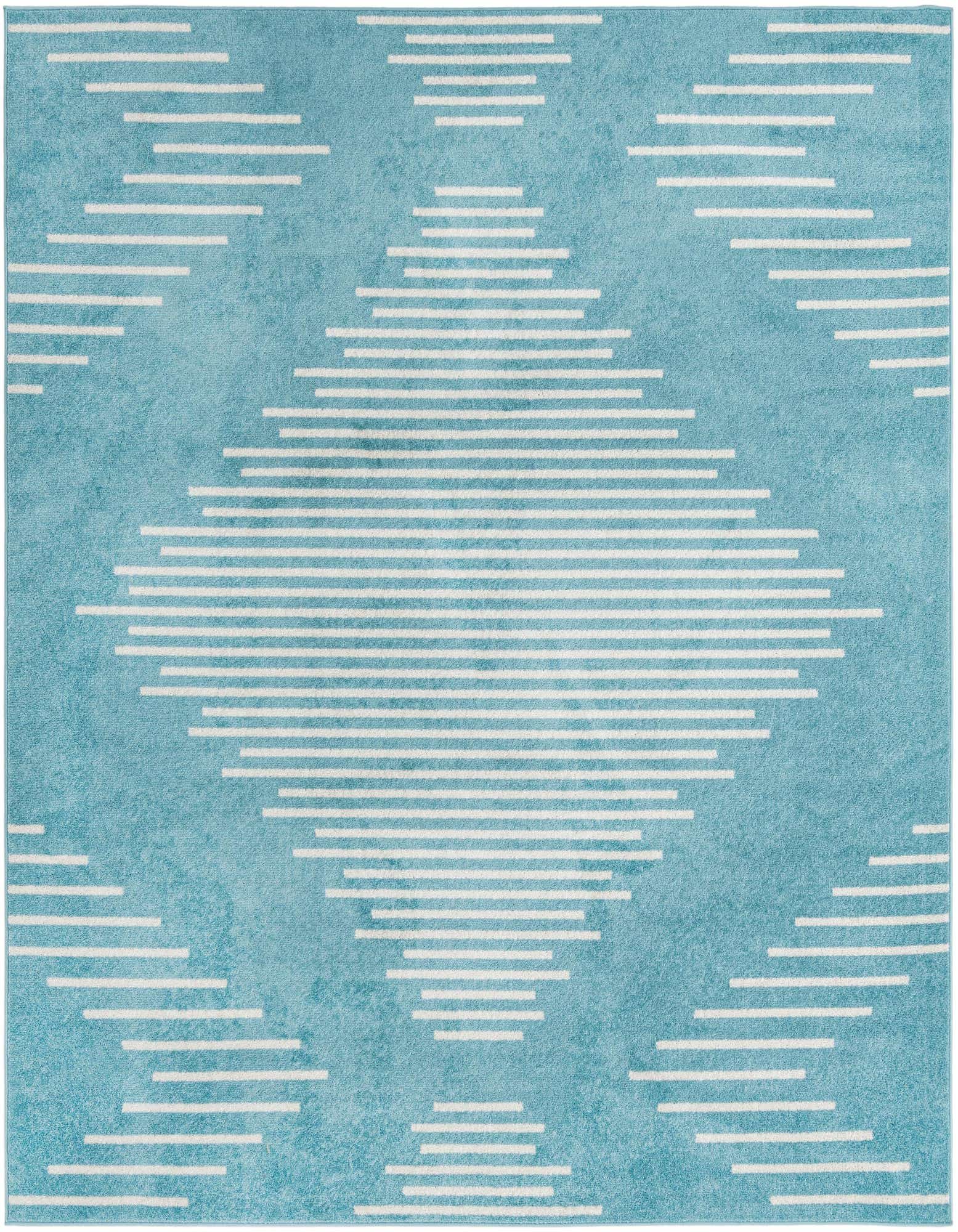A 10'x10' square light blue area rug with a modern white striped diamond pattern, suitable for a living room.