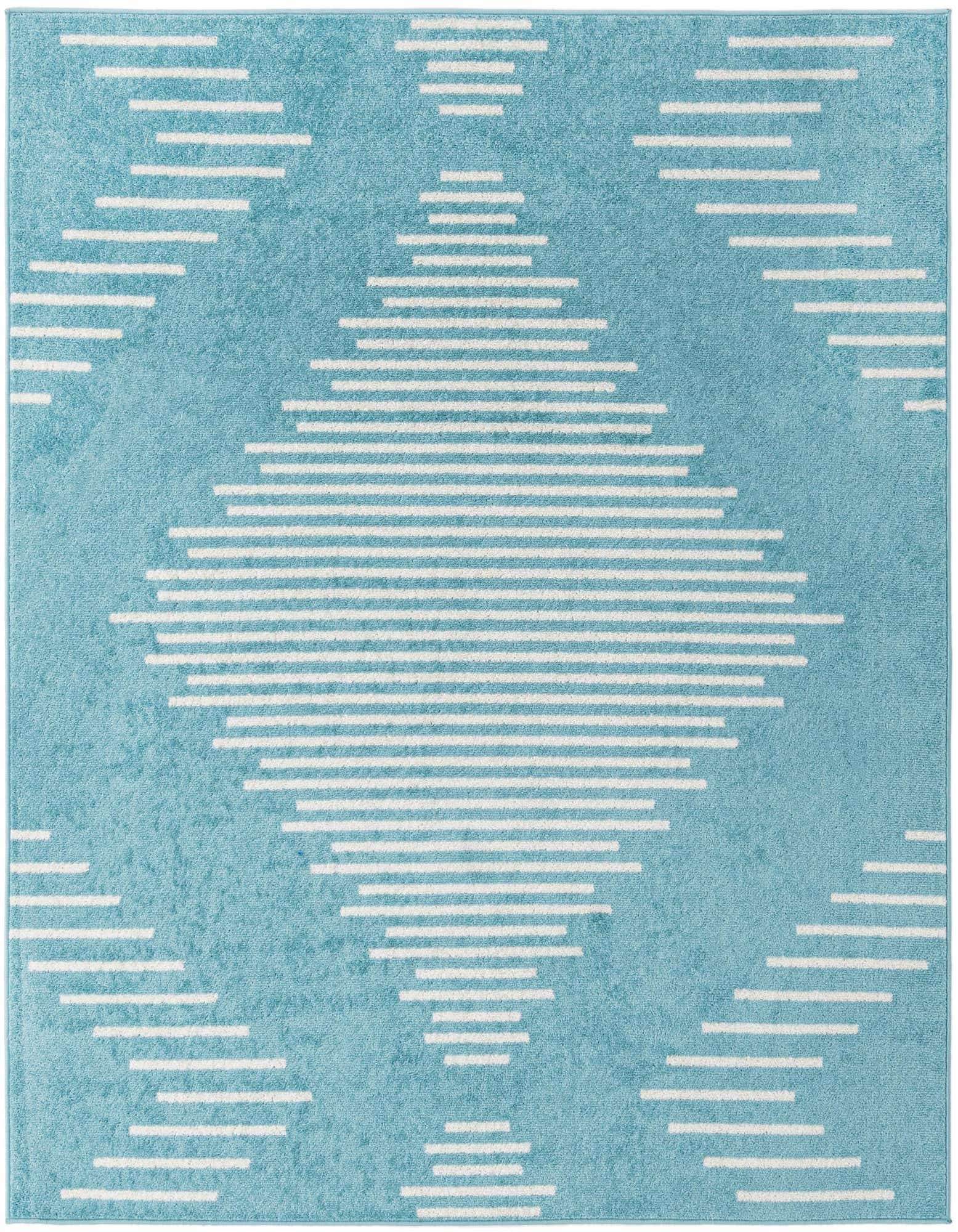 A 7'x7' square light blue rug with a modern geometric pattern of white horizontal stripes forming large diamonds.