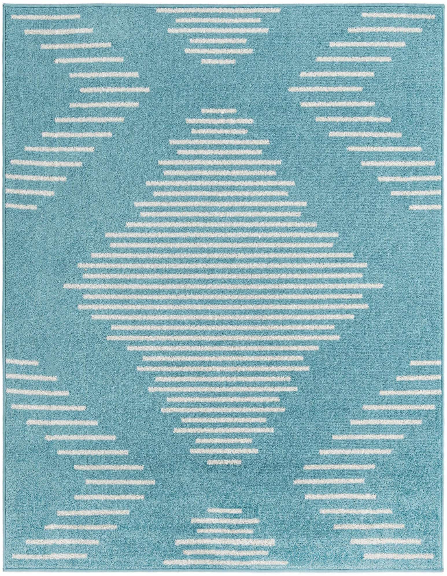A 5'3" square Kai rug from Rugs.com, featuring a light blue background with a modern white striped diamond pattern.
