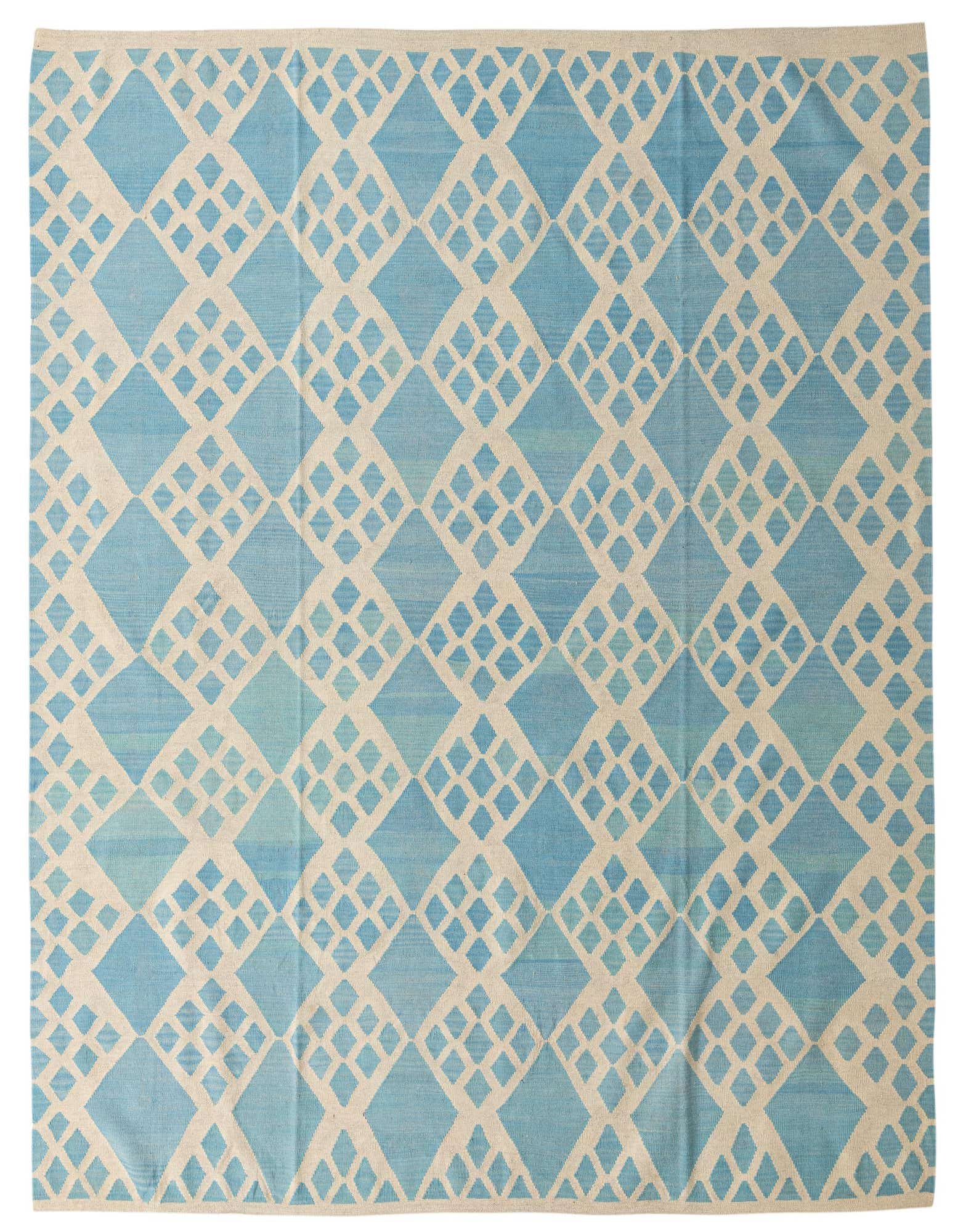 A large 8' 9 x 9' 6 square light blue and beige flatweave wool rug with a tribal diamond pattern.