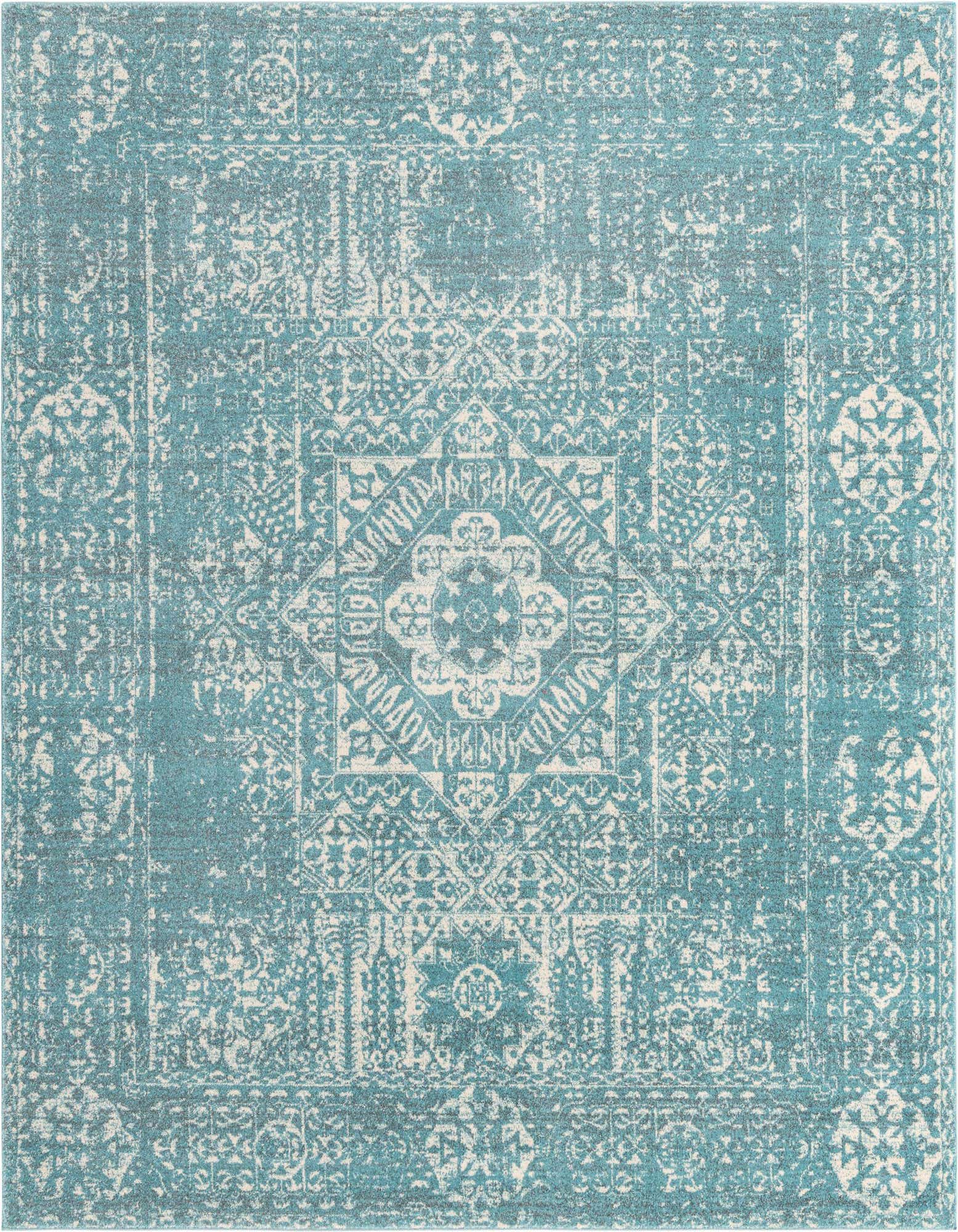 A square 8'4" x 8'4" light blue and ivory medallion area rug with a distressed traditional pattern.