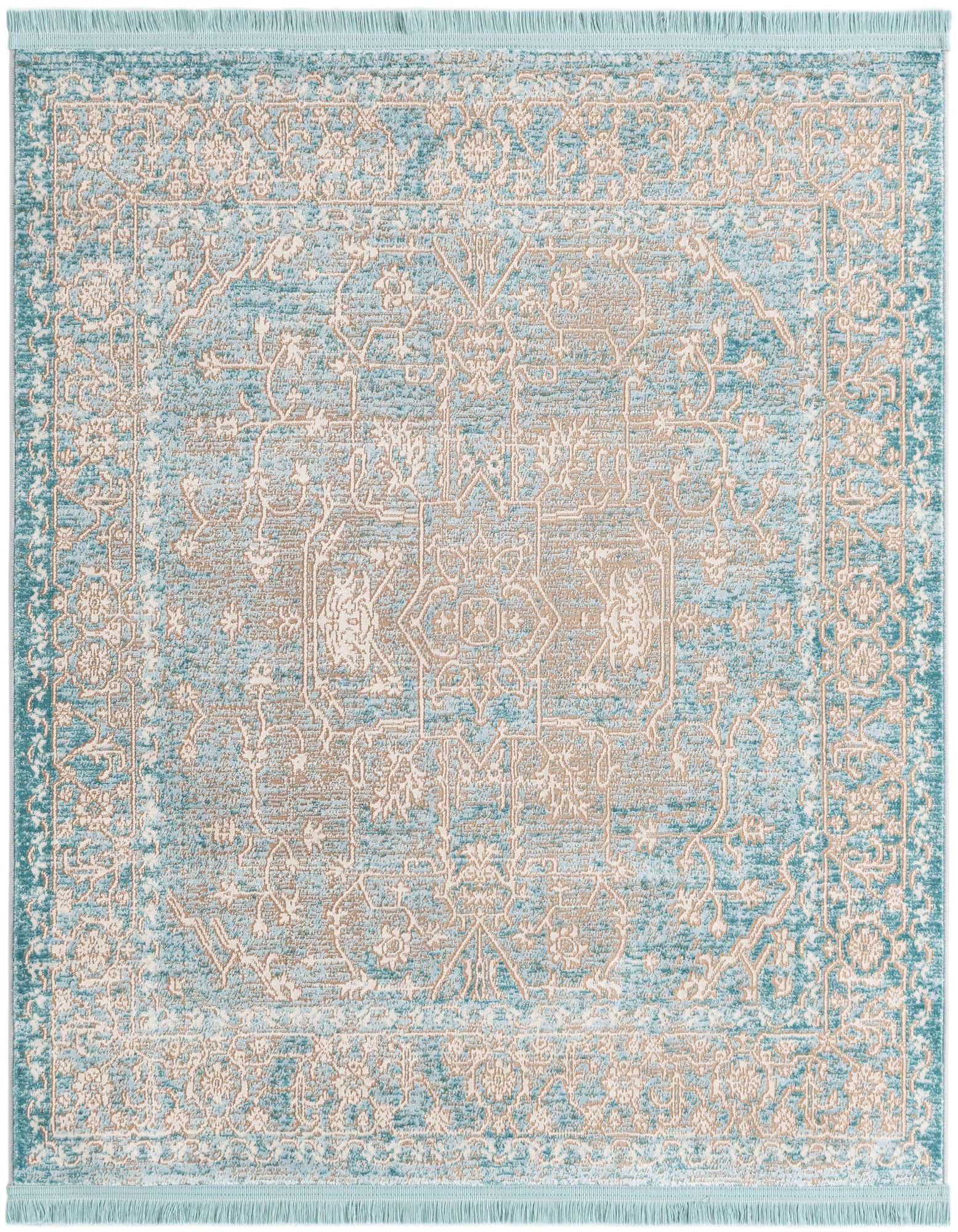 A 4x4 square light blue and beige medallion rug with a distressed, textured pattern, suitable for indoor spaces.