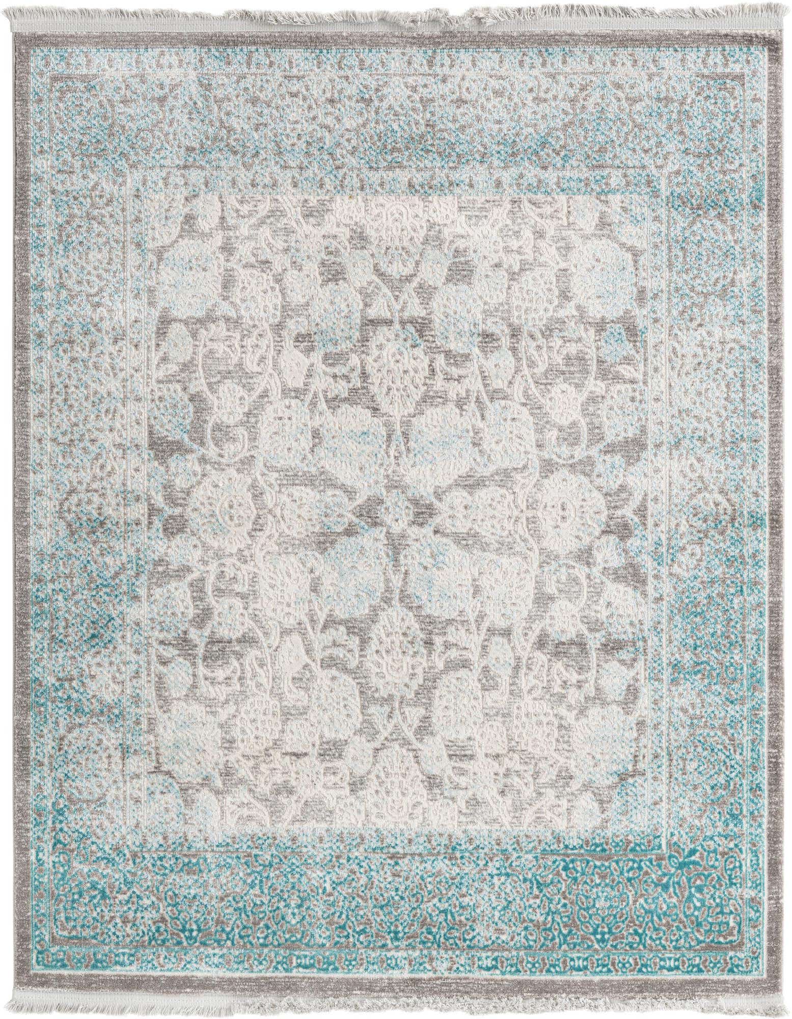A 4x4 square Modern Classical rug in shades of blue and grey with a distressed botanical medallion pattern.