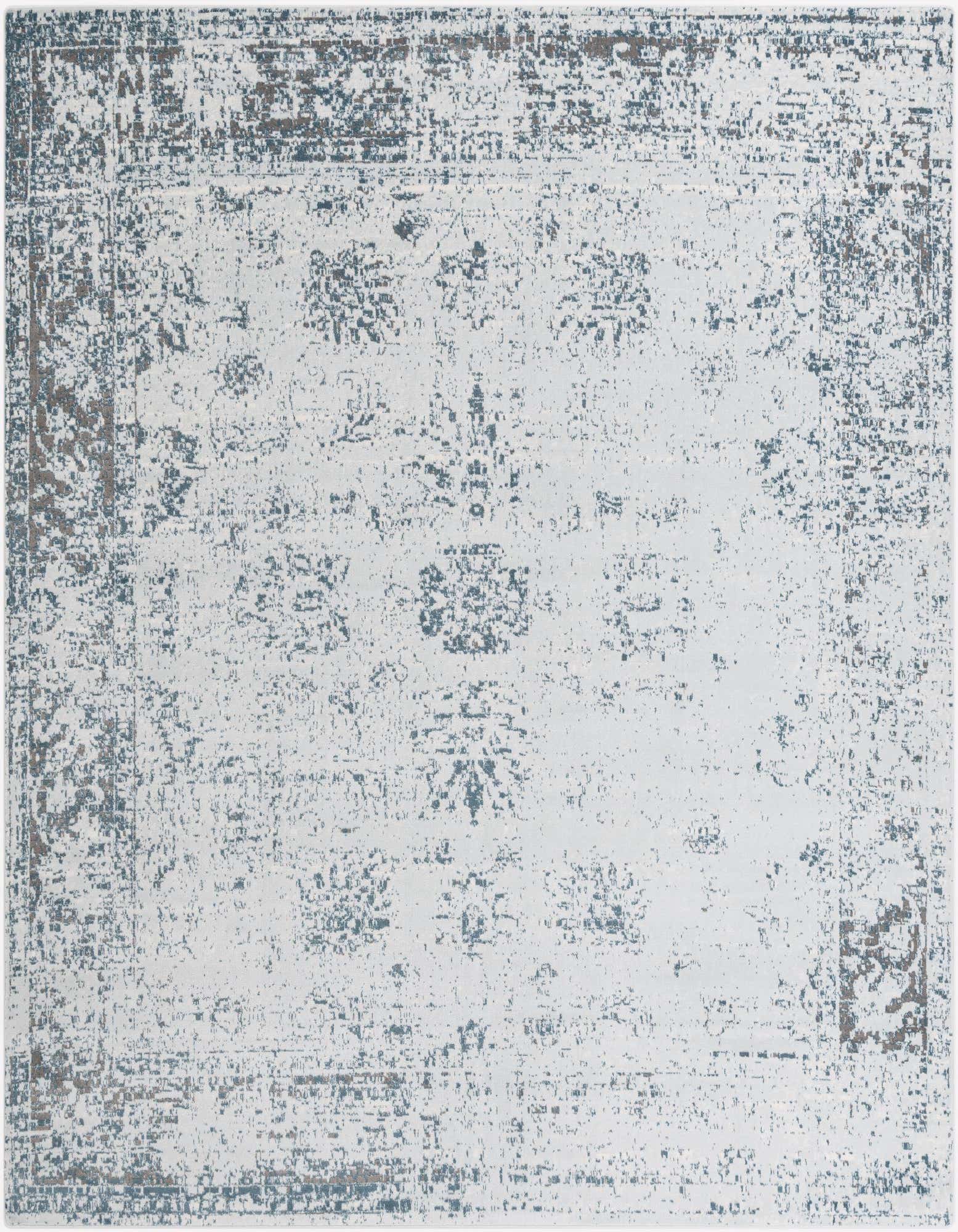 A 13' 0 x 13' 0 square Monte Carlo rug featuring a distressed vintage traditional pattern in various shades of blue and white.
