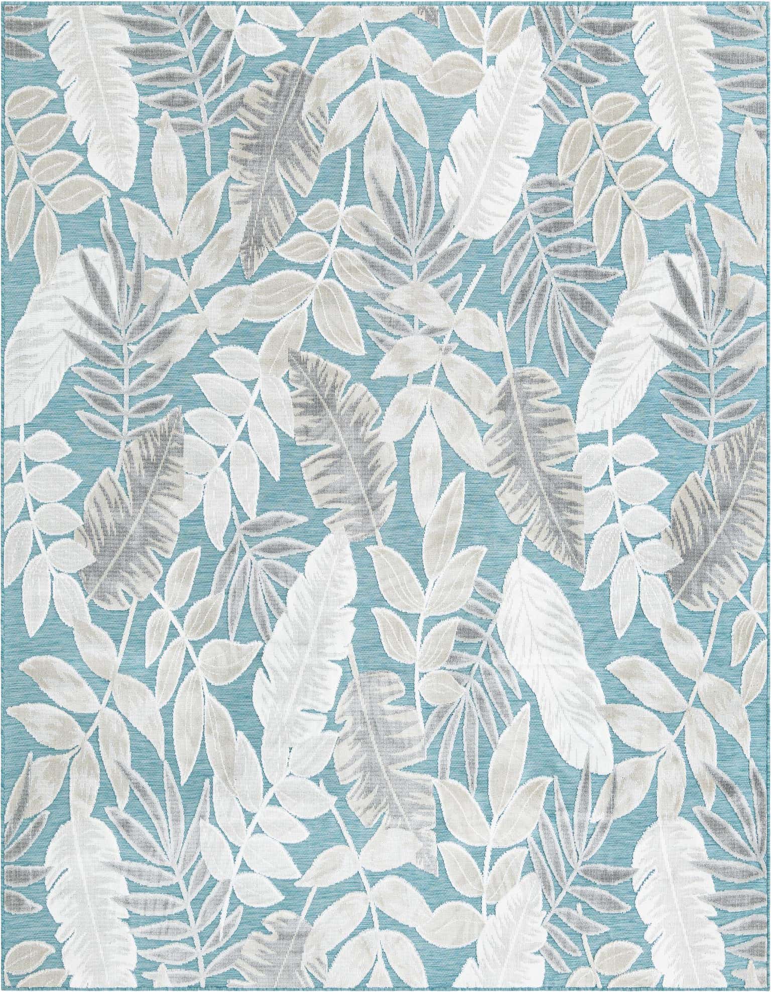 A square light blue indoor/outdoor rug with an abstract tropical leaf pattern in shades of gray and white.