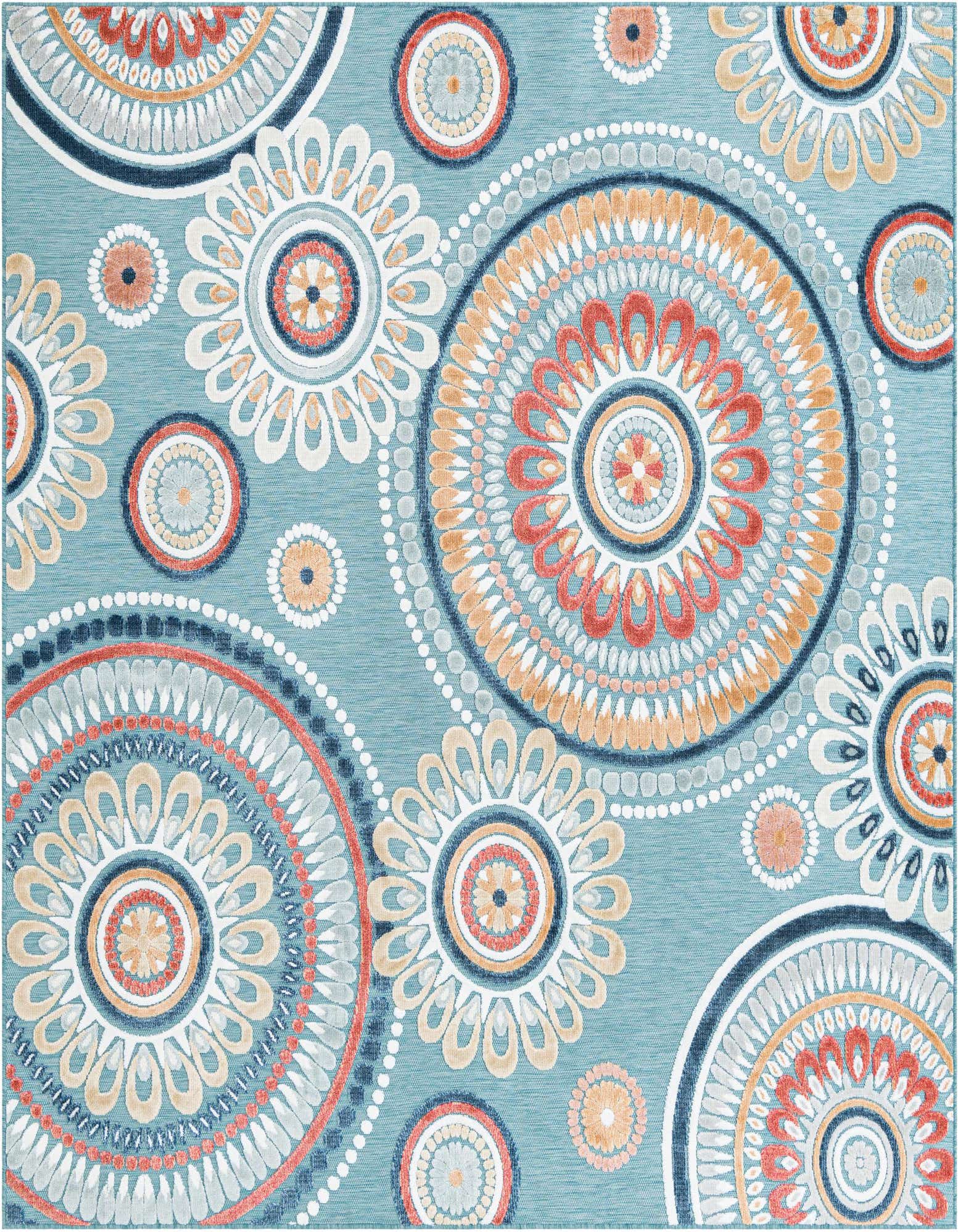 A square light blue indoor/outdoor rug with a modern abstract pattern of large and small circular medallions in coral, orange, white, and navy.