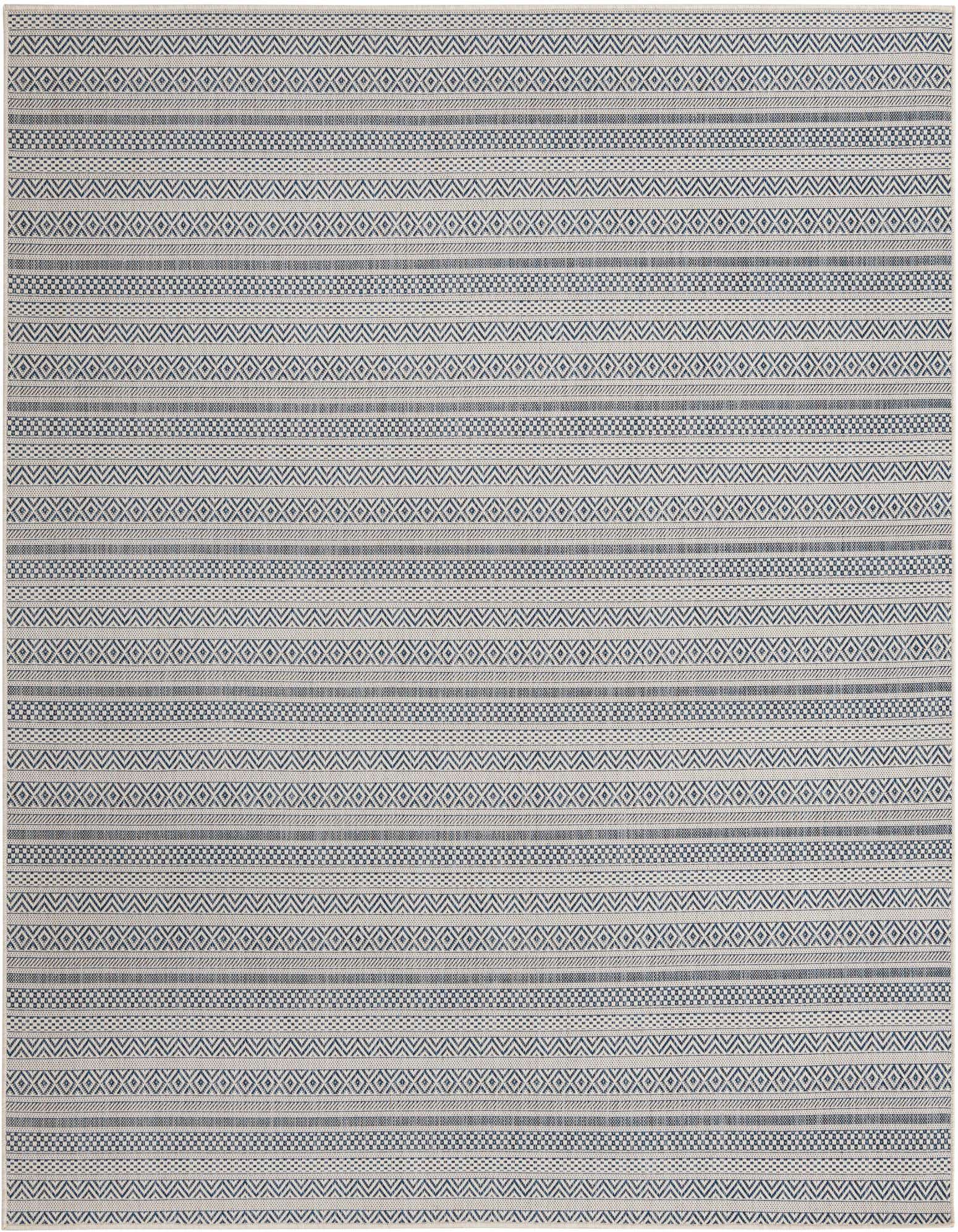 A 7'10" x 7'10" square indoor/outdoor rug with a tribal pattern in shades of blue and light gray.