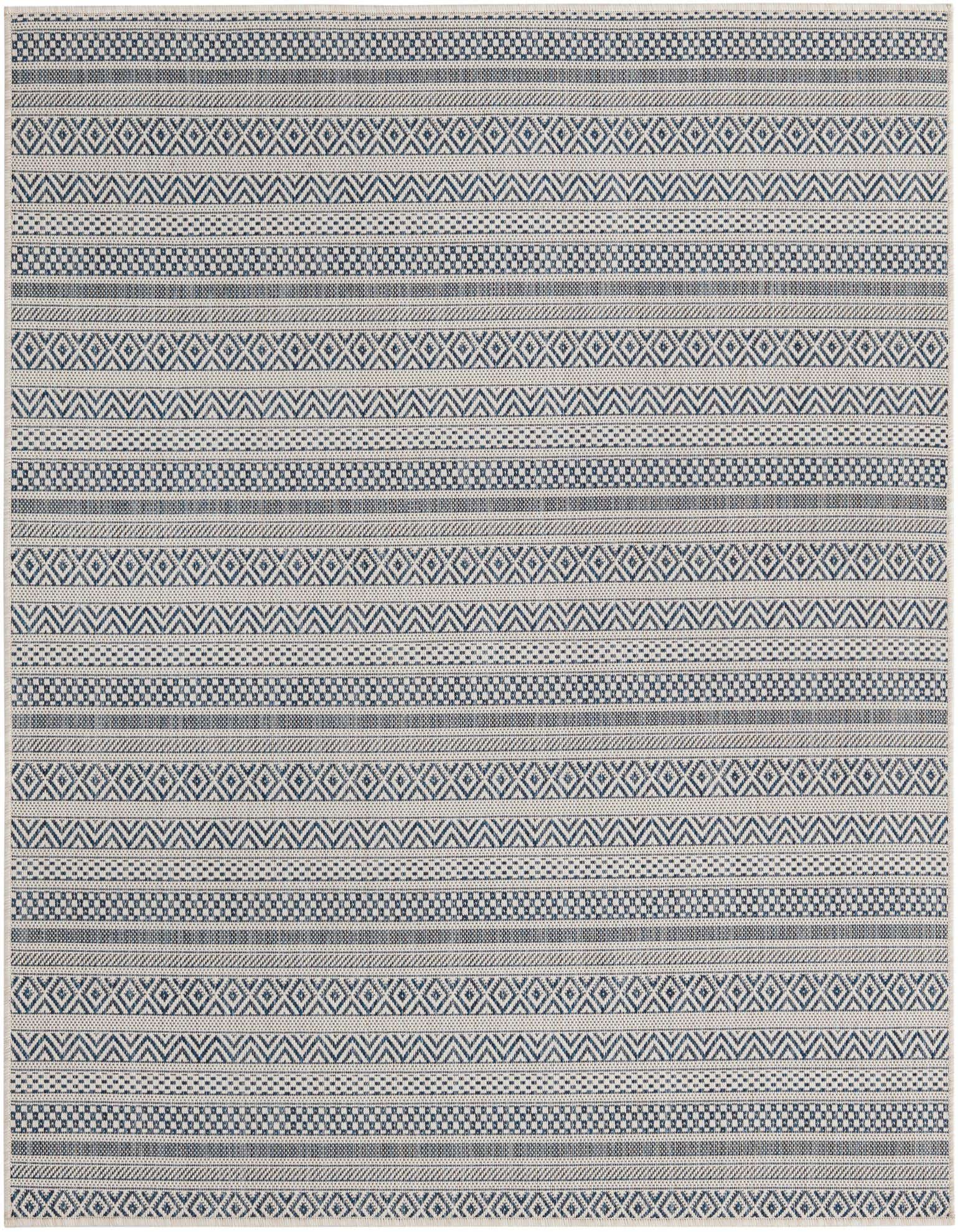 A 5' 3 x 5' 3 square Rugs.com Outdoor Ribbon rug featuring a modern tribal pattern in shades of blue and white, suitable for a patio.