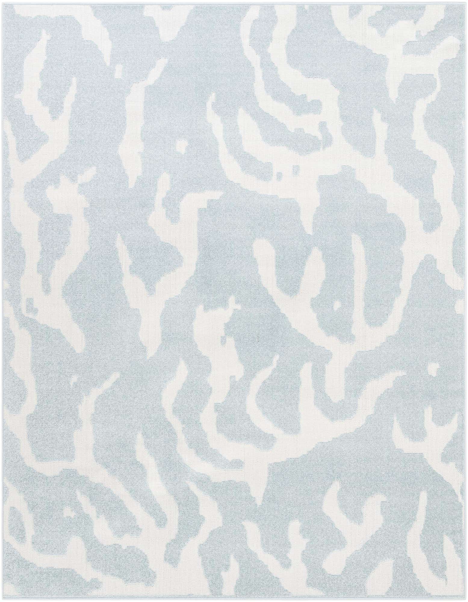 A light blue and white square area rug with a modern abstract pattern, suitable for indoor or outdoor use.
