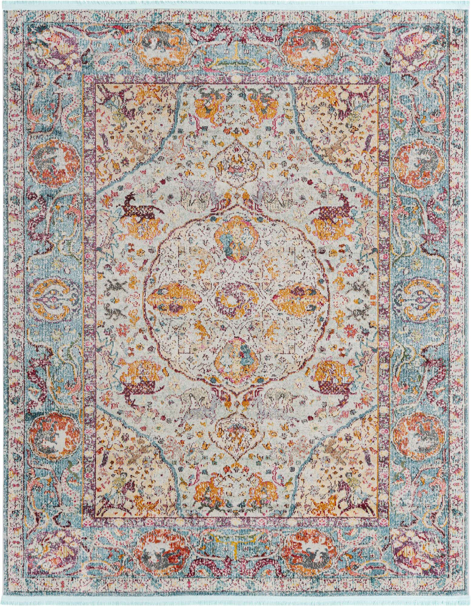 A light blue square area rug with a distressed Bohemian medallion pattern in shades of orange, purple, and cream.
