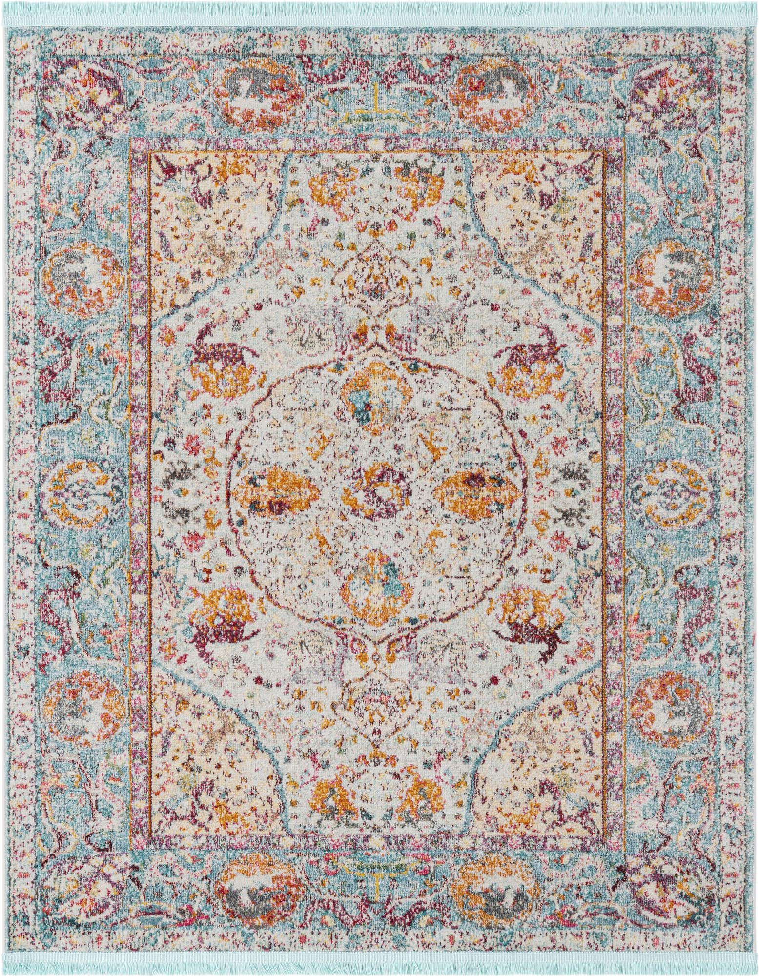A 5'x5' square Rugs.com Santiago rug featuring a distressed medallion pattern in light blue, orange, and multicolor hues.