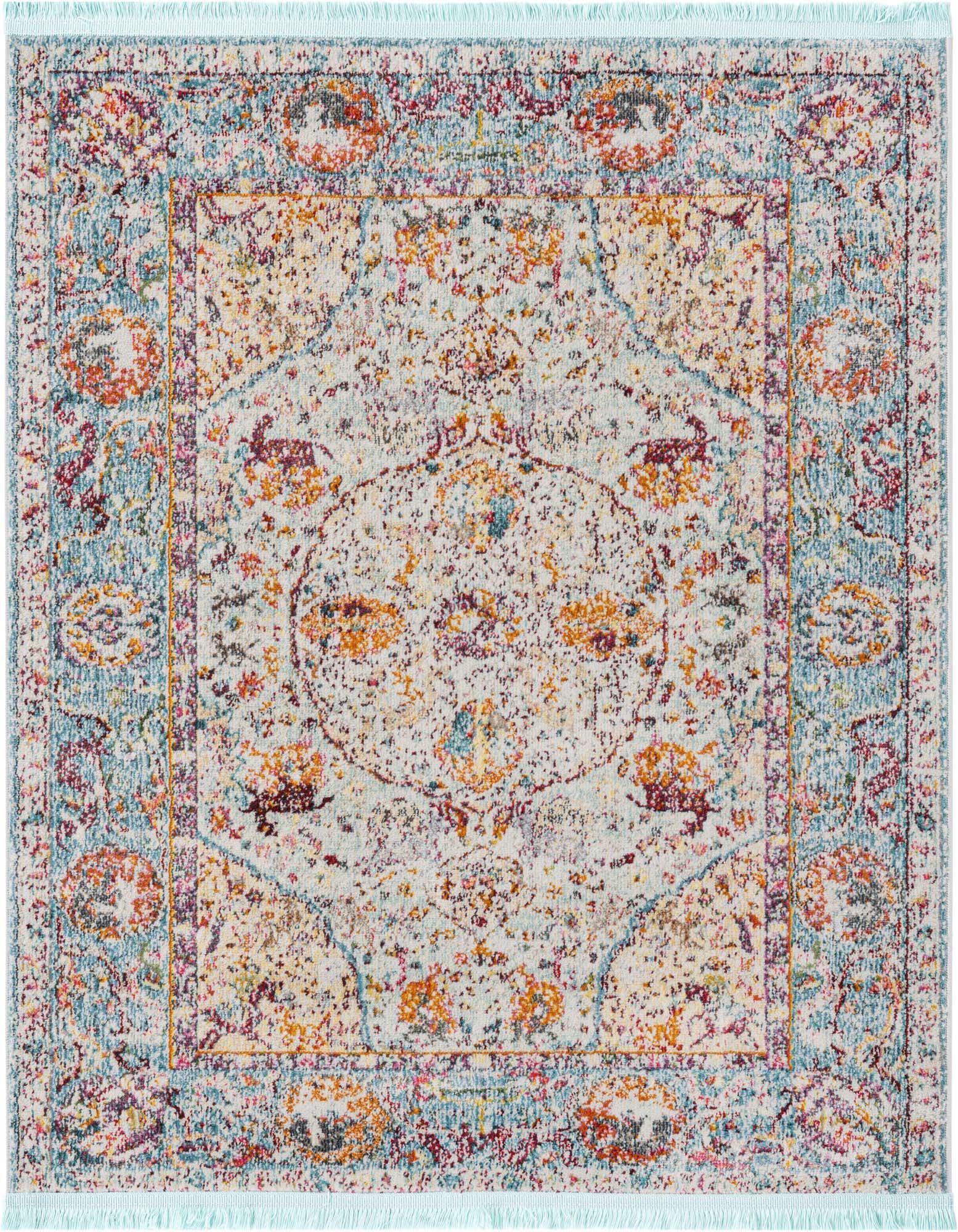 A 4'x4' square light blue bohemian rug with a distressed medallion pattern in orange, red, and purple.