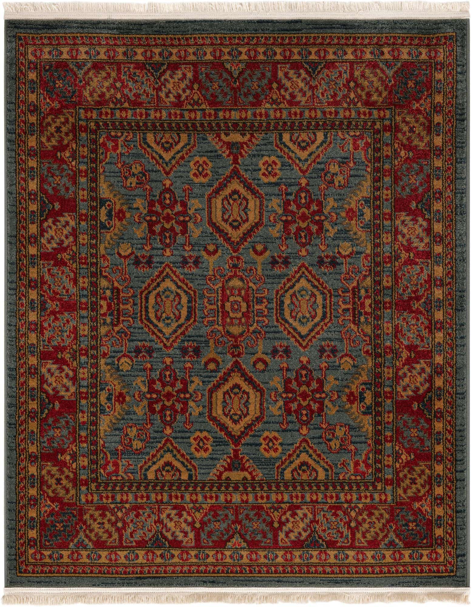 A 4'x4' square Sara Collection rug from Rugs.com, featuring a blue field with traditional red and gold Bohemian floral patterns and a fringed border.