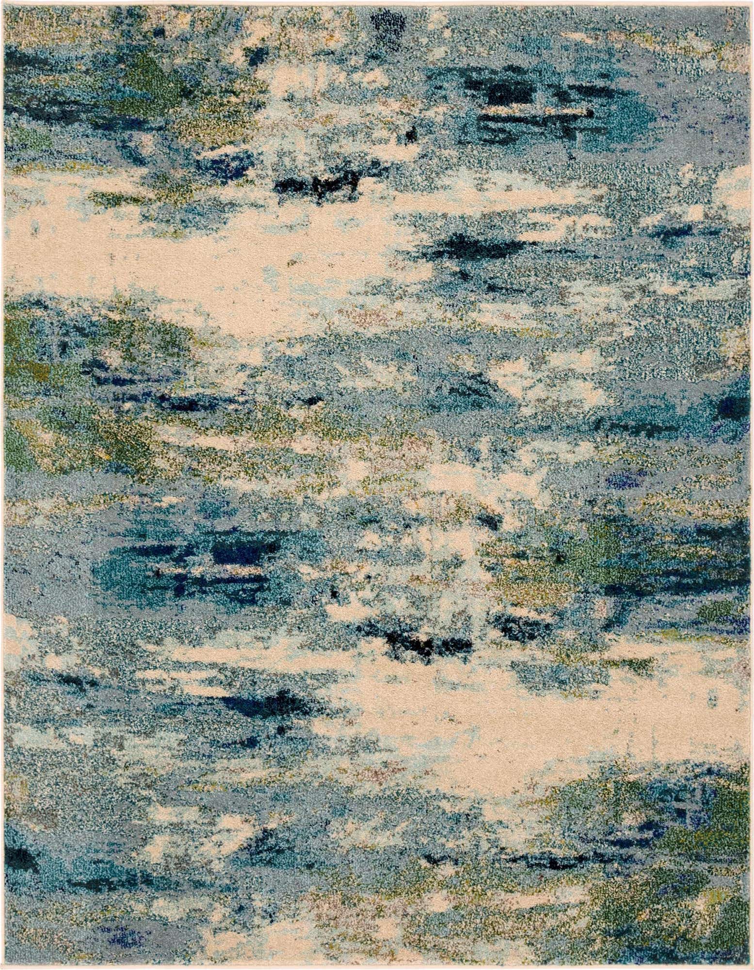 A 6'x6' square abstract rug with a blend of light and dark blues, greens, and cream, evoking a coastal or modern feel.