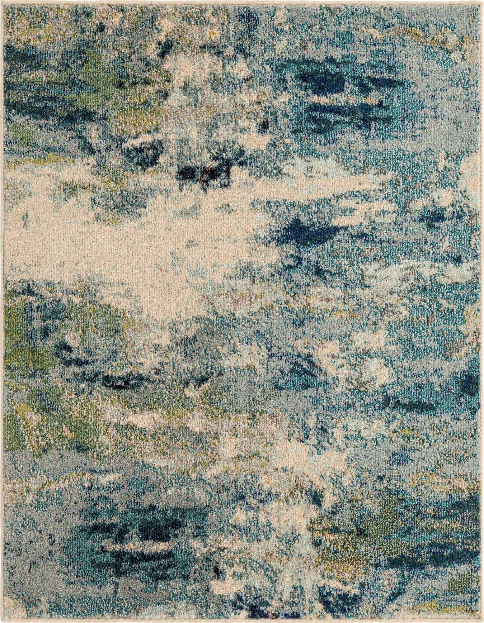 A 4'x4' square Theia rug featuring an abstract, coastal-inspired pattern in various shades of blue, cream, and hints of green.