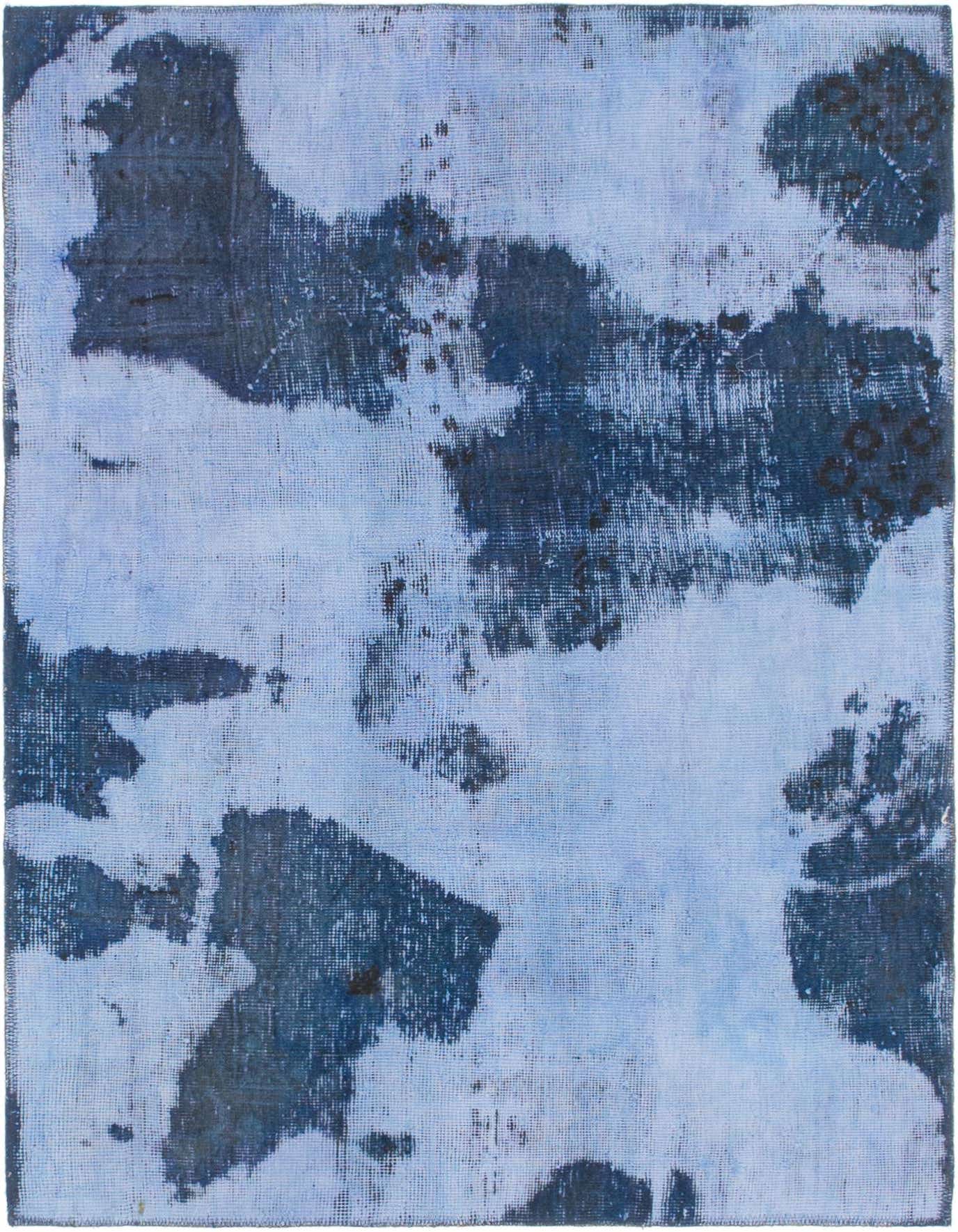 A 4' 0 x 5' 2 square light blue wool rug with a distressed, abstract Persian-inspired pattern in darker blues.
