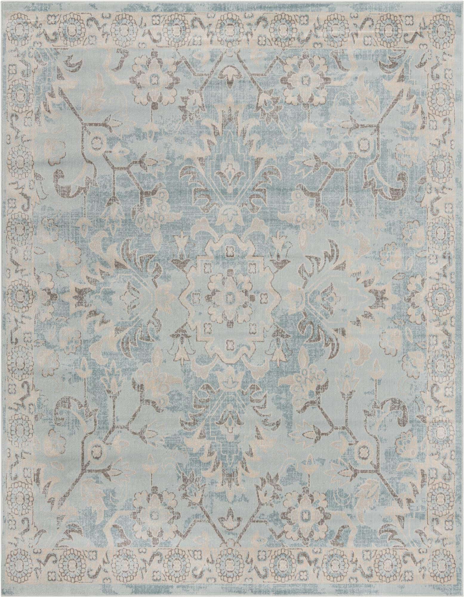 A light blue square area rug with distressed cream and gray traditional floral and medallion patterns, featuring a decorative border.