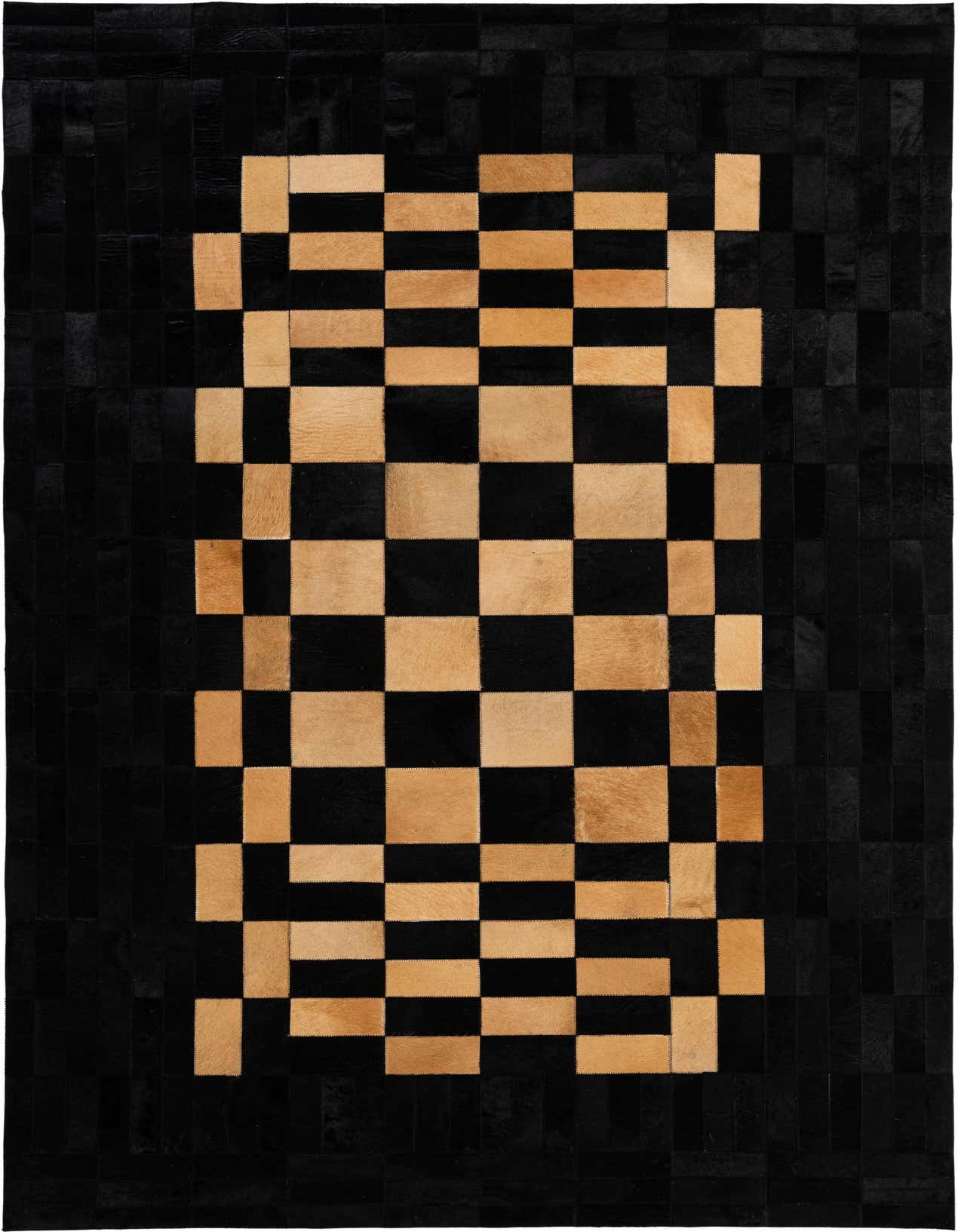 A 5x8 rectangular Cowhide Patchwork rug featuring a modern light brown and black checkered pattern.