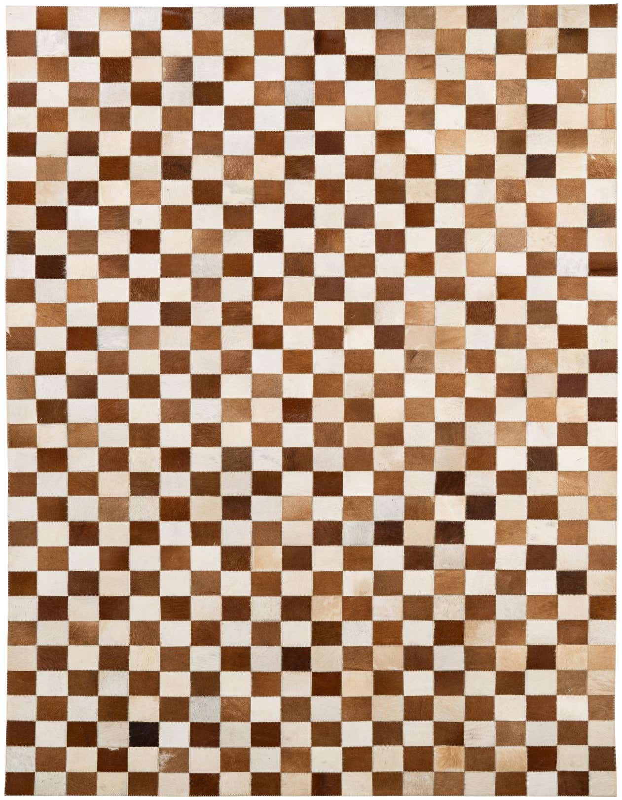 A 5x8 rectangular Cowhide Patchwork rug featuring a modern checkerboard pattern in varying shades of light brown and cream.