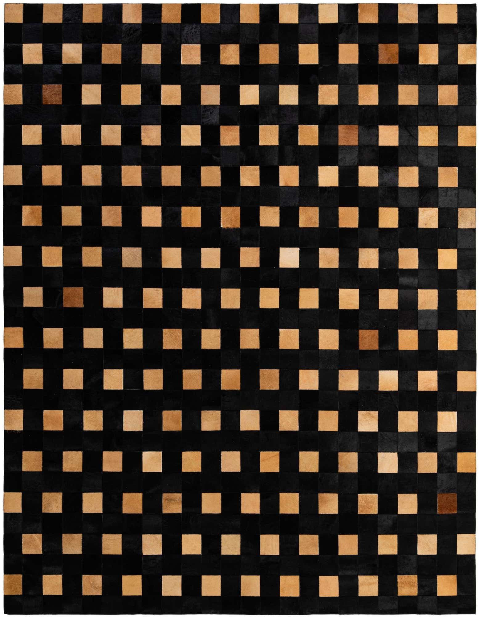 A rectangular 8x10 light brown and black modern cowhide rug with a checkerboard patchwork pattern.