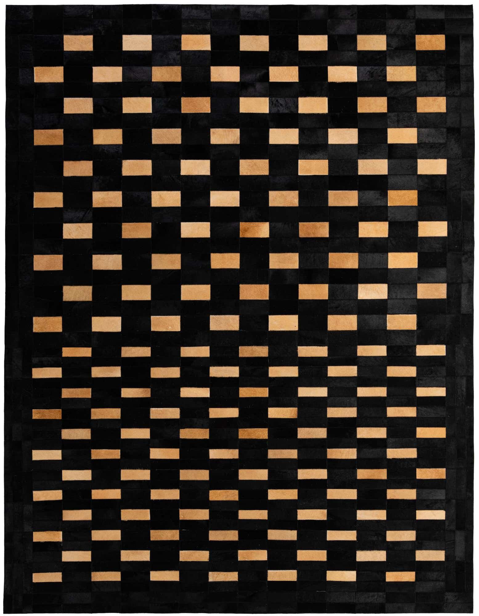 A rectangular 8x10 Rugs.com Cowhide - Patchwork rug featuring a modern pattern of alternating light brown and black rectangles.