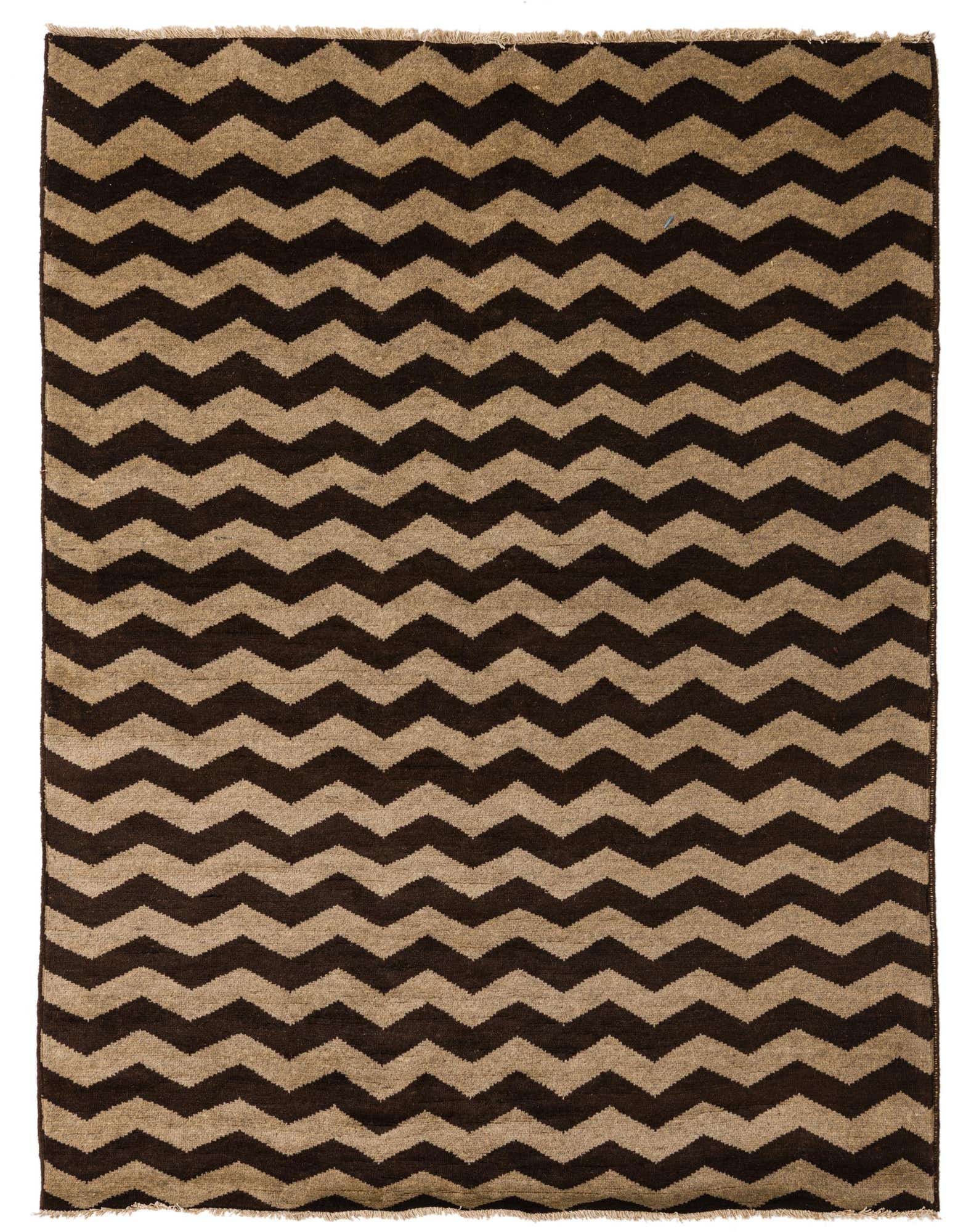 A 5x8 rectangular Modern Ziegler rug featuring a bold chevron pattern in alternating light brown and dark brown stripes.