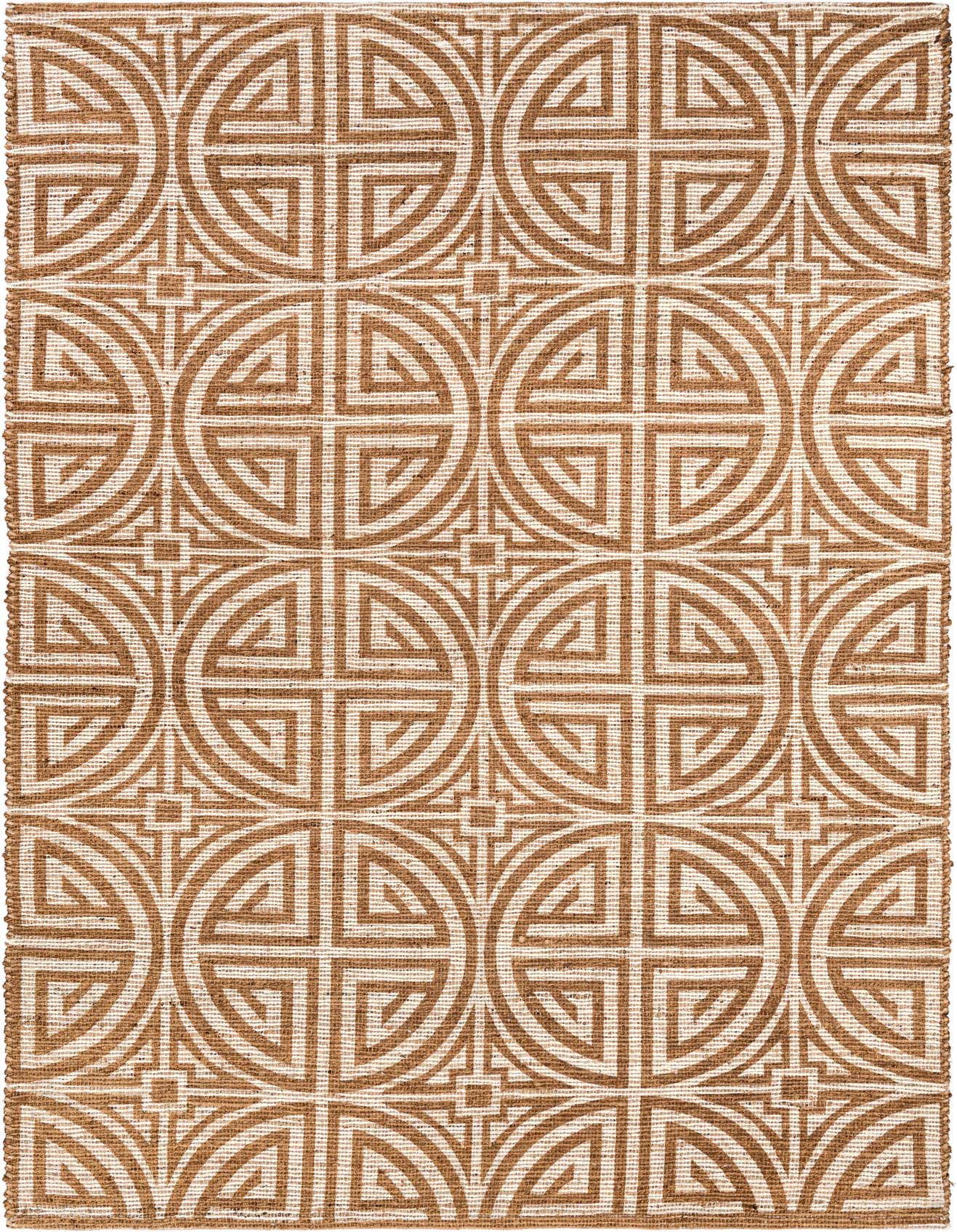 A 6x9 rectangular Chenille & Jute rug with a modern geometric pattern in brown and cream tones.