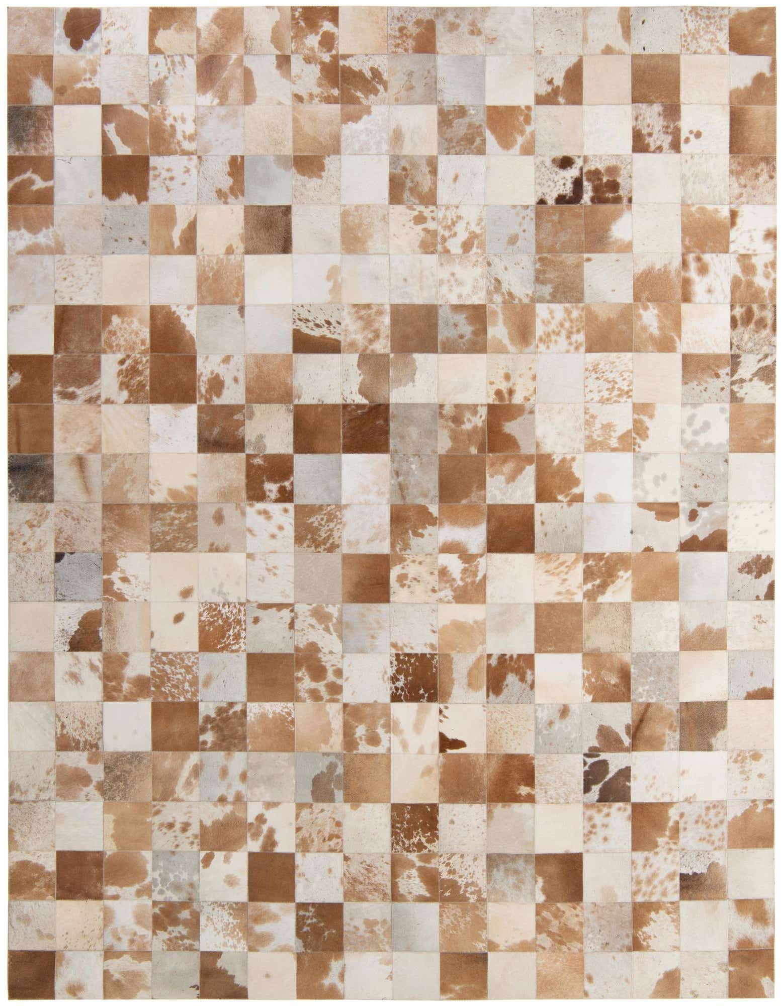 A rectangular 8x10 modern patchwork cowhide rug with squares of brown, tan, and ivory natural hide.