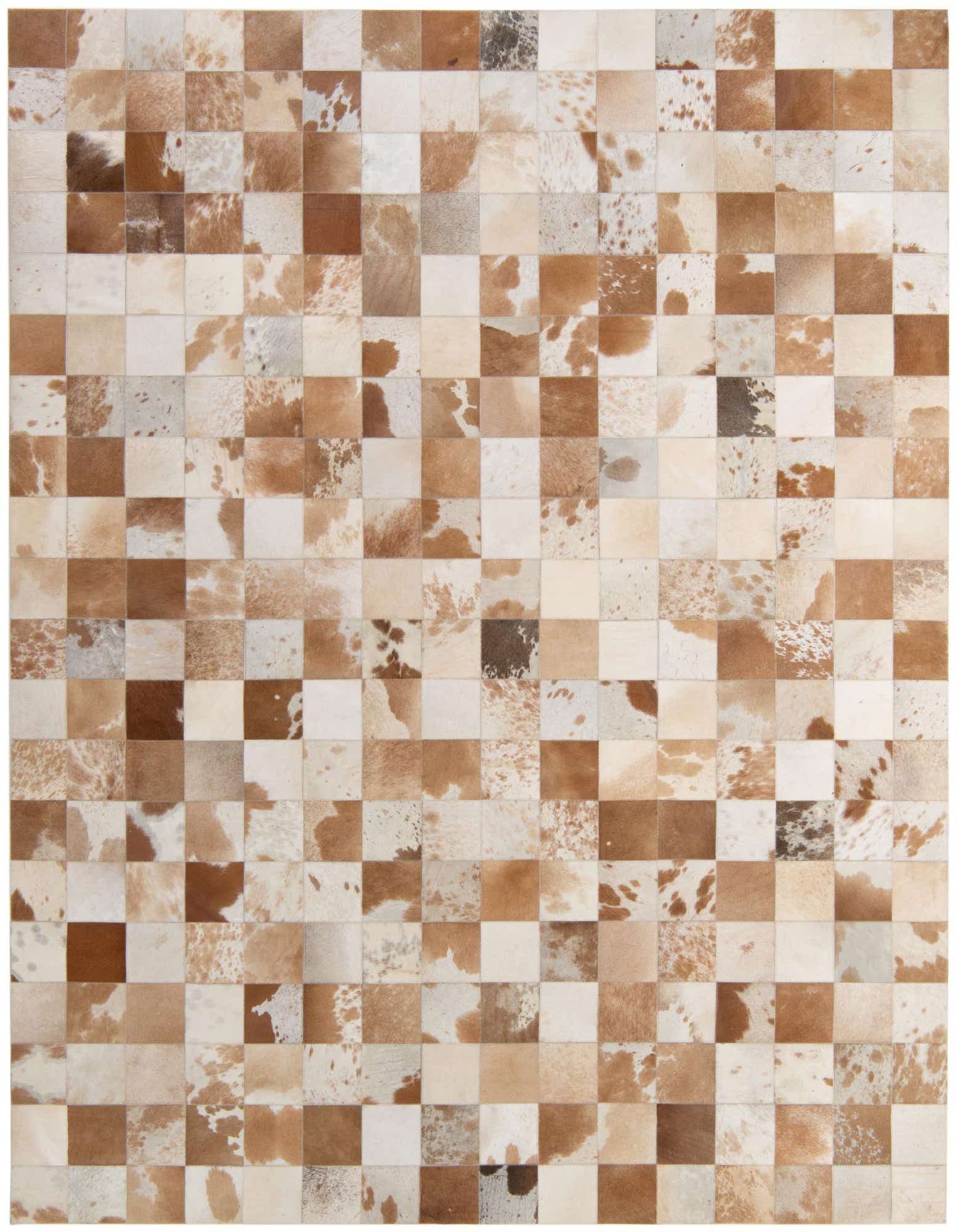 8x10 rectangular Cowhide Patchwork rug featuring a modern pattern of brown, tan, and ivory squares.