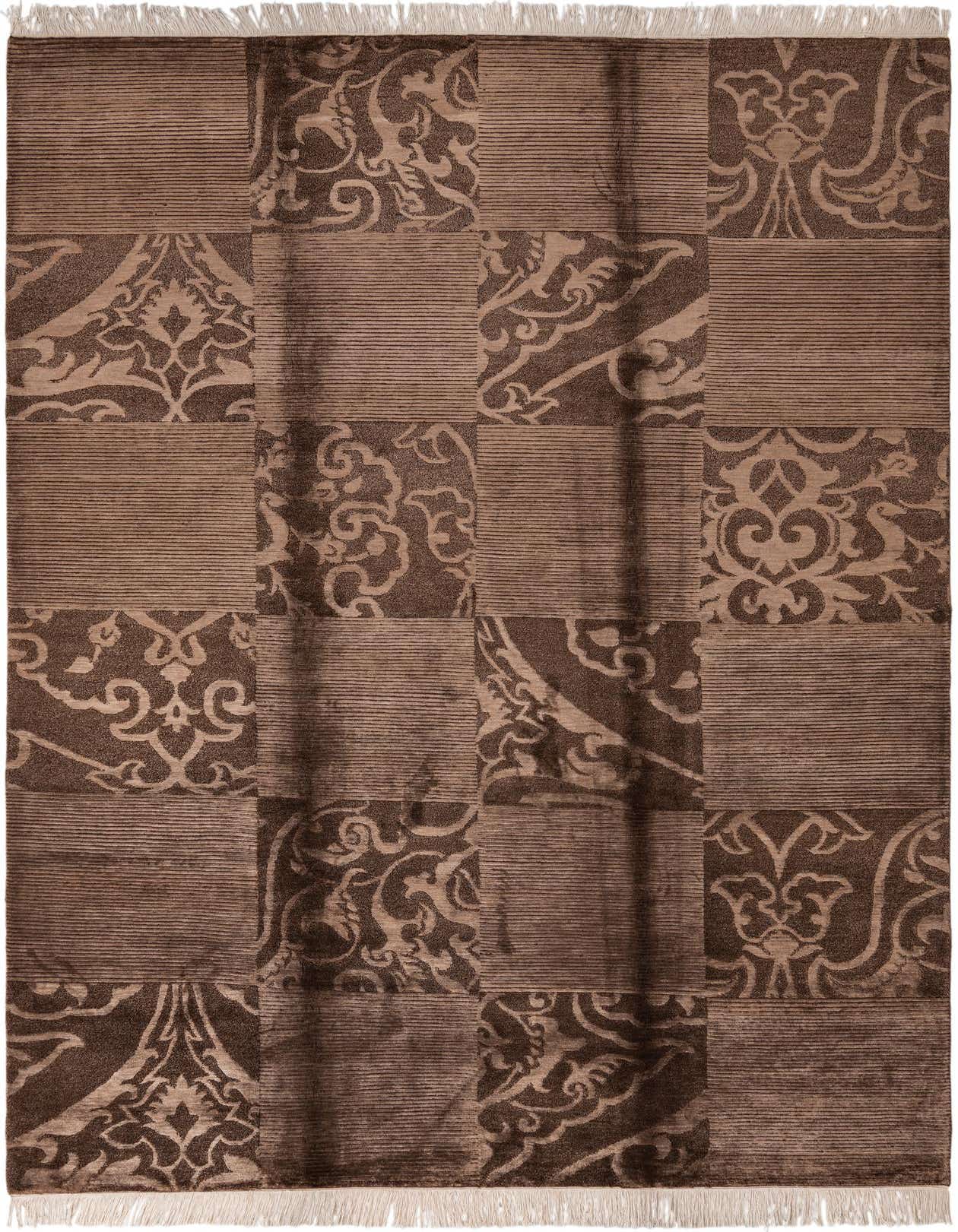 A 7x10 rectangular Darya rug in light brown and brown, featuring a modern oriental patchwork design with varying textures and patterns, suitable for a living room or bedroom.