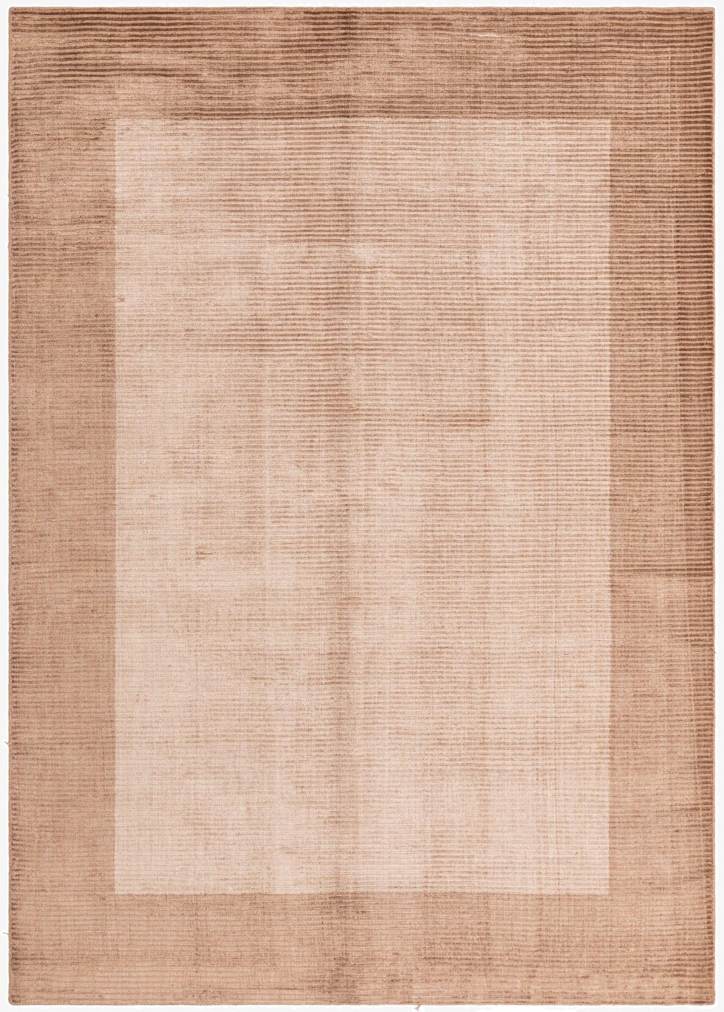 A 5x8 rectangular light brown and brown modern wool rug with a subtle border design, perfect for a living room.