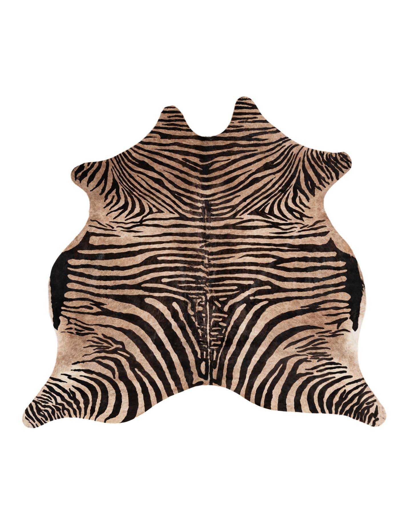 A 6'4" x 6'7" freeform cowhide rug with a modern zebra print in varying shades of brown and tan.