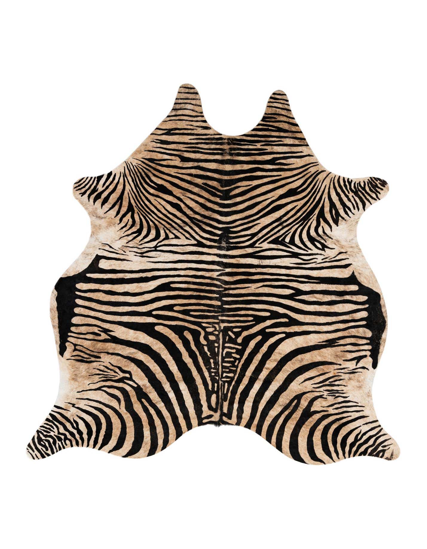 A 6' 6 x 7' 0 freeform cowhide rug with natural brown and tan zebra stripes, suitable for a modern living room.