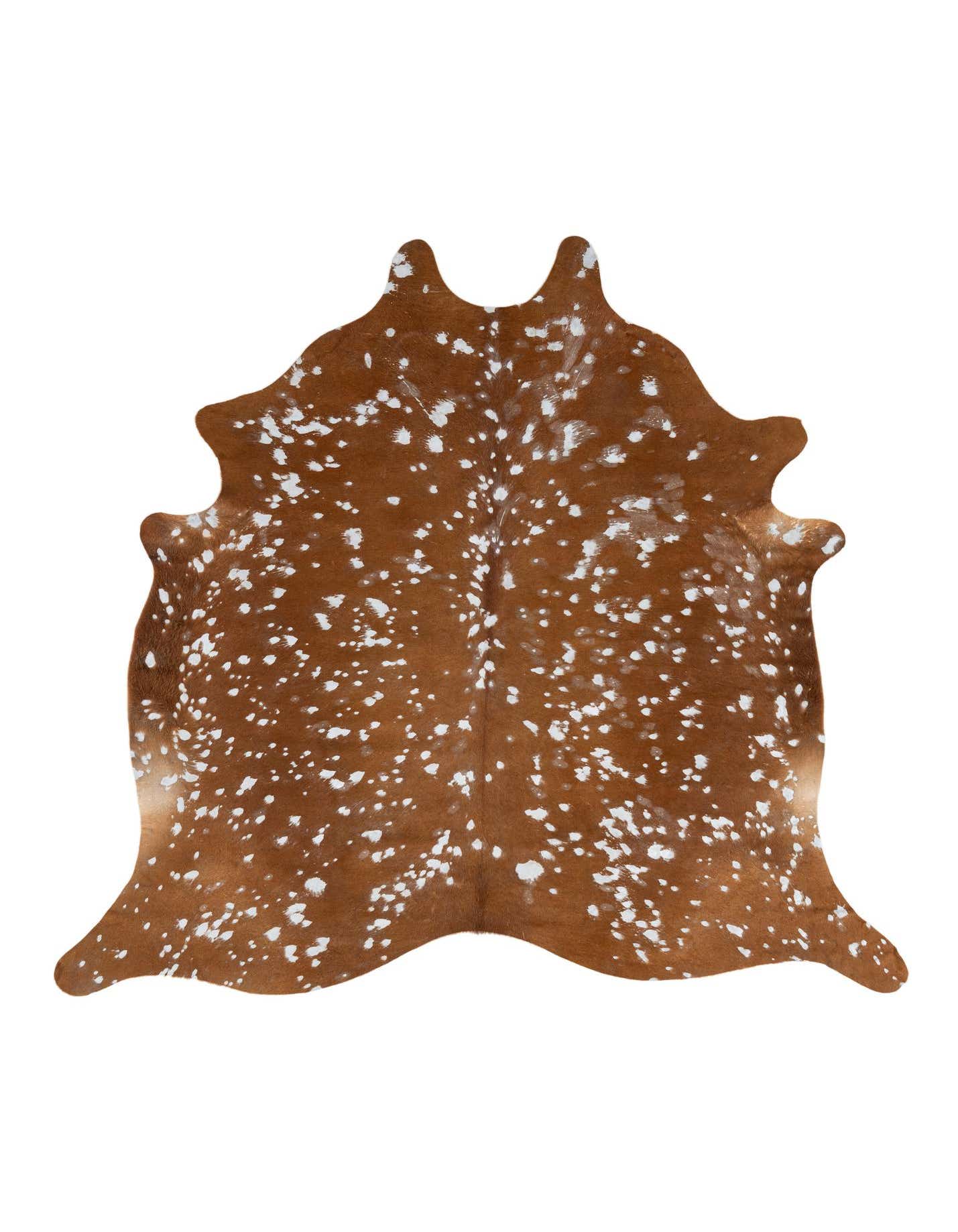 A brown and white spotted cowhide rug with a unique freeform shape, perfect for adding a modern touch to any indoor space.