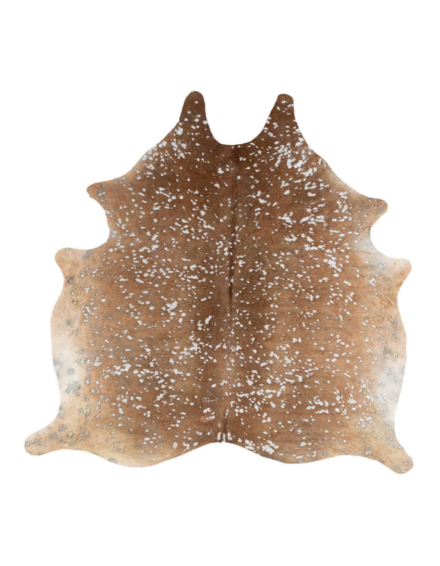 A 7' 0 x 7' 3 freeform cowhide rug in shades of brown and tan with scattered white spots, suitable for a modern living room.