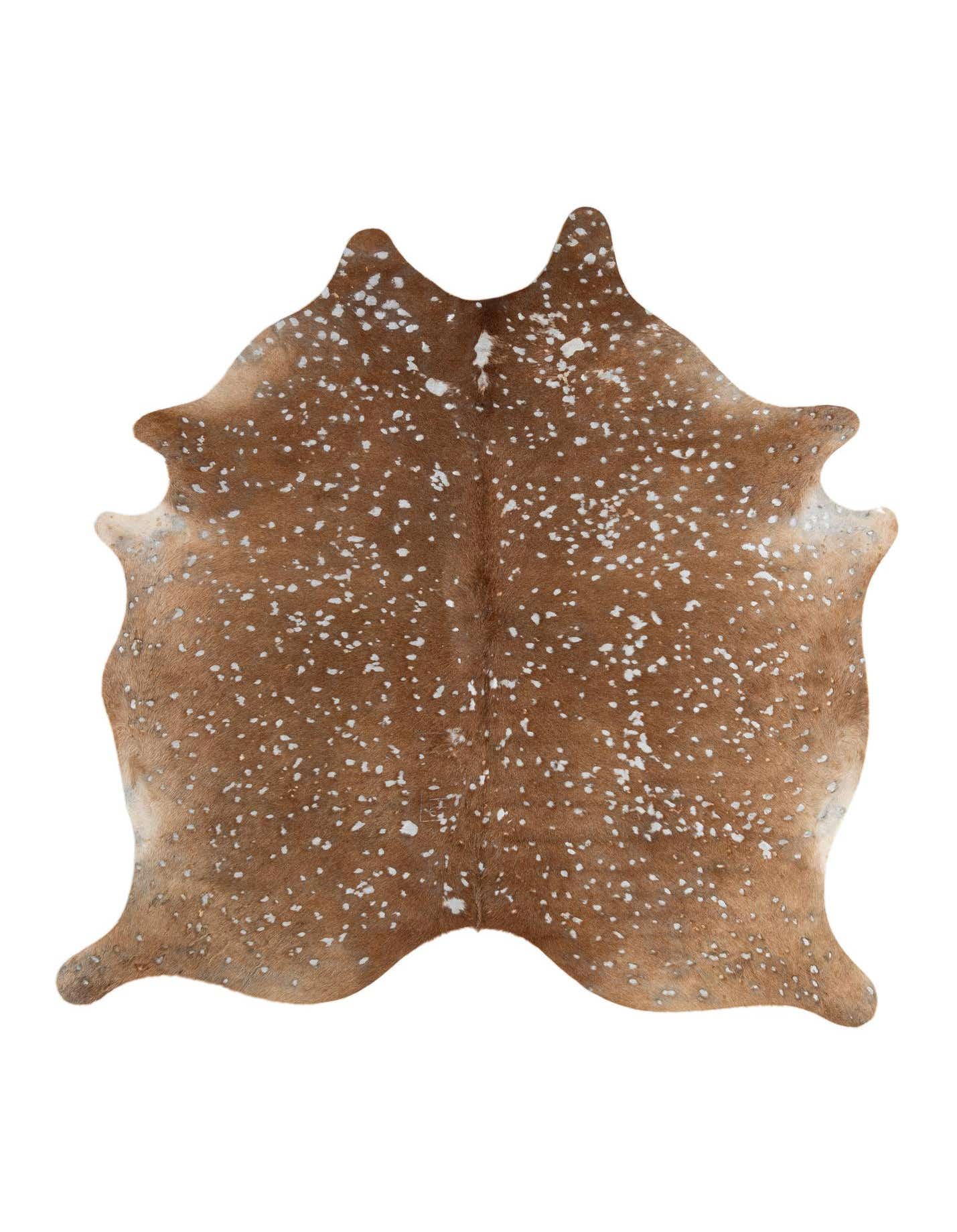 A brown and tan freeform cowhide rug with white speckles, resembling a deer hide, on a white background.